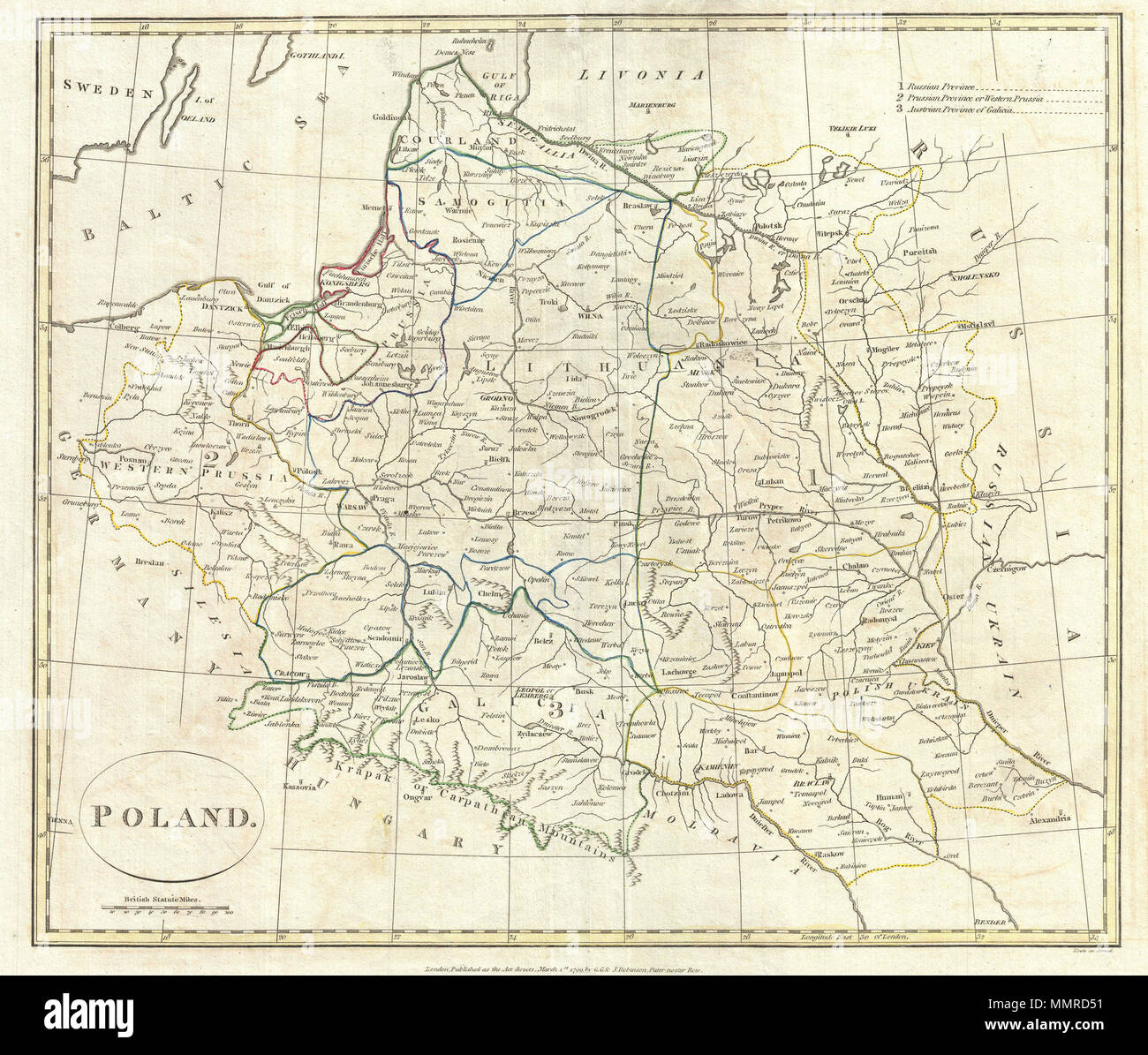 . Englisch: Eine feine 1799 Karte von Polen durch die Englischen mapmaker Clement Cruttwell. Zeigt die Partitionierung des polnisch-litauischen Commonwealth in 1765-1795 zwischen Preußen, Österreich und Russland. Die Karte umfaßt das Gebiet von Posen im Westen, nur westlich von Kiew im Osten, und von so weit südlich wie Moldavan Grenze. Macht Hinweis im oberen rechten Quadranten des drei Teilbereichen: Russland, Preußen und Österreich. Russland beansprucht den Großteil dessen, was einmal aus dem Großherzogtum Litauen aus Livonia Süden nach Moldawien. Preußen ergriff das Gebiet östlich von Warschau, während Österreich Anspruch auf t gehalten Stockfoto