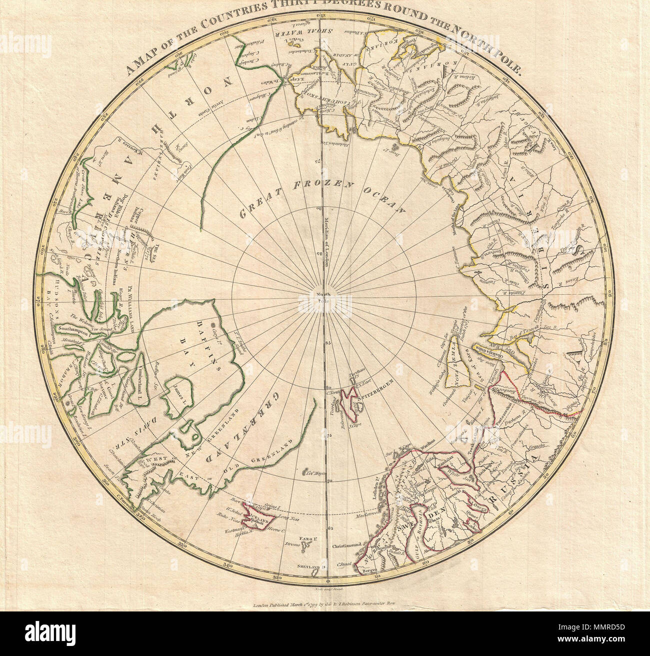 . Englisch: Eine feine 1799 Karte der nördlichen Polargebiete durch den englischen Karte Verleger Clement Cruttwell. Deckt die polaren Regionen von rund 60 Grad nördlicher Breite bis zum Nordpol. Zeigt eine primitive, aber vergänglichen Verständnis der Arktis Geographie. Hinweise auf die Sondierungsarbeiten des Tschirikow und Vitus Bering liegt im Nordosten Teilen von Asien und Sibirien. Aber die Geographie von Nordamerika über der Bering Gerade ist weniger klar ohne bedeutende inländische detail und nur ein flüchtiges Kopfnicken zu den wichtigen Navigationen von Cook. Die nördliche Küste von Grönland bis Alaska Ich Stockfoto