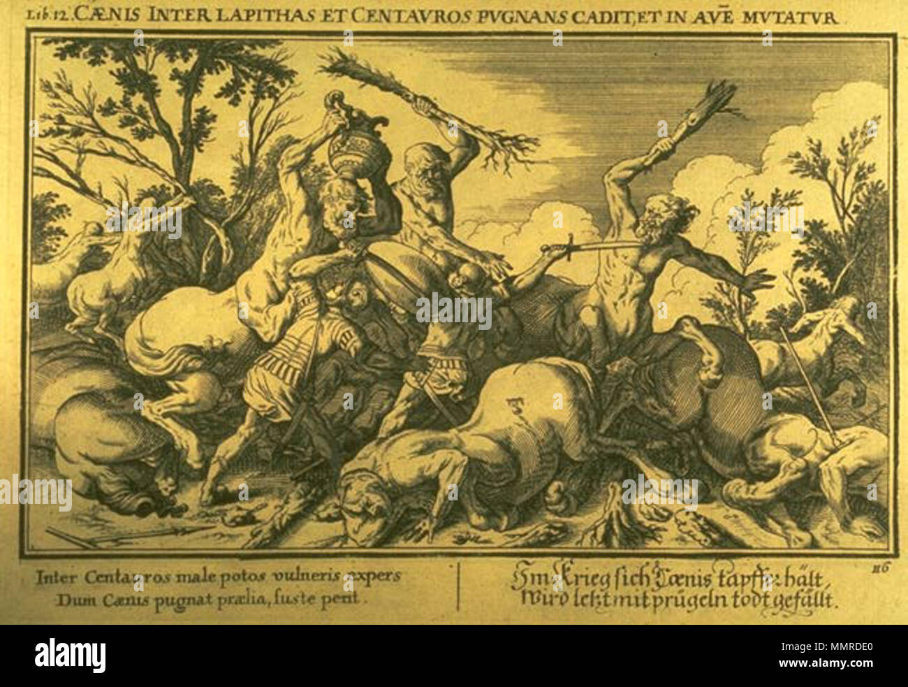 . Englisch: Caeneus und Zentauren. Kupferstich von Bauer für Ovids Metamorphosen Buch XII, 470-535. Français: Cénée et les Centaures. Tiefdruck de Bauer pour les métamorphoses d'Ovid, livre XII, 470-535. . Diese Datei fehlt, Informationen zum Autor. Bauer - Caeneus Zentauren Stockfoto