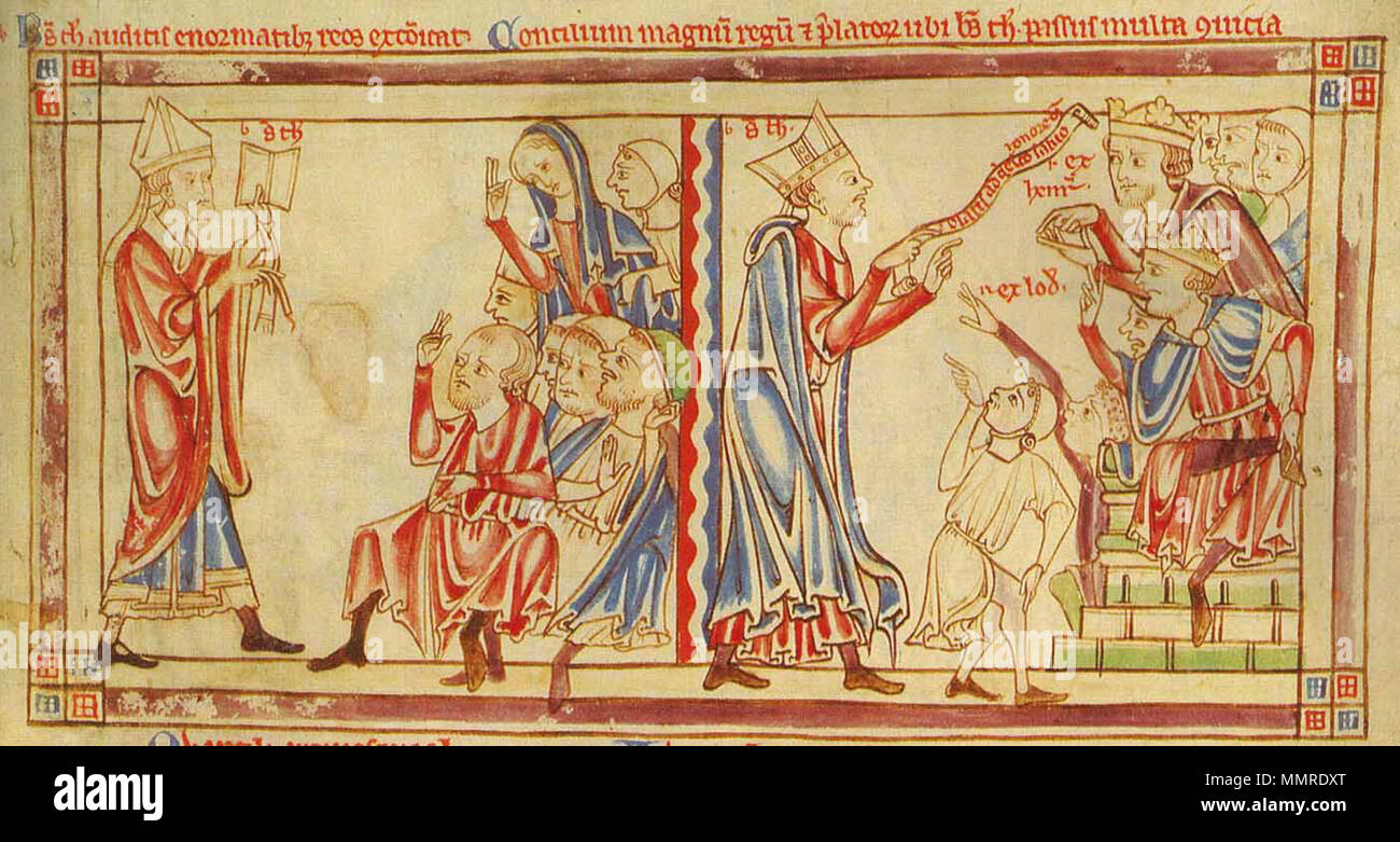 . Englisch: Links: Thomas Becket exkommuniziert alle seine Feinde in 1166. Rechts: Becket plädiert, seinen Fall vor Henry II (oben) und Louis VII (unten). . Zwischen ca. 1220 und ca. 1240. Becket exkommuniziert Die schuldig, und erfüllt die Könige - Becket Blätter (c.1220-1240), w. 2 r-BL Darlehen MS 88 Stockfoto