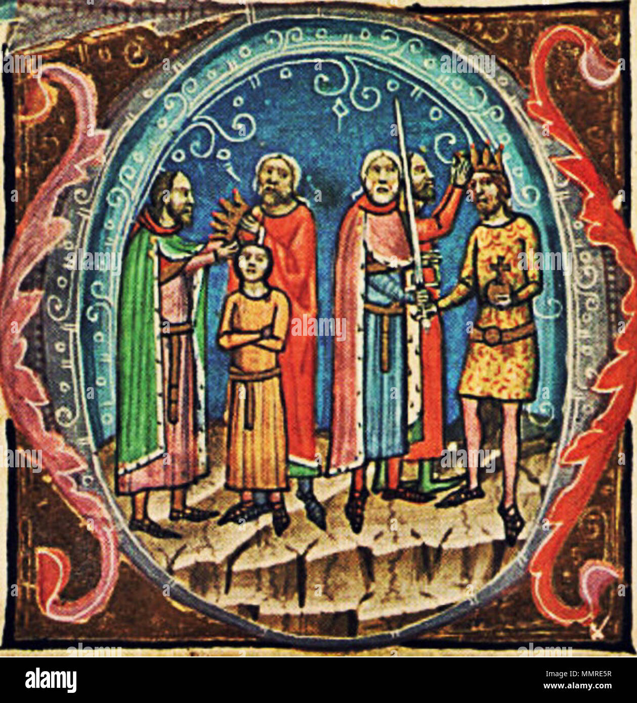 . Magyar: Béla wird zum König gekrönt, nachdem sein Neffe, Salomo beraubt wird die Krone. 14. Jahrhundert. Márk kálti Bela ich gewinnt die Krone (chronicon Pictum067) Stockfoto
