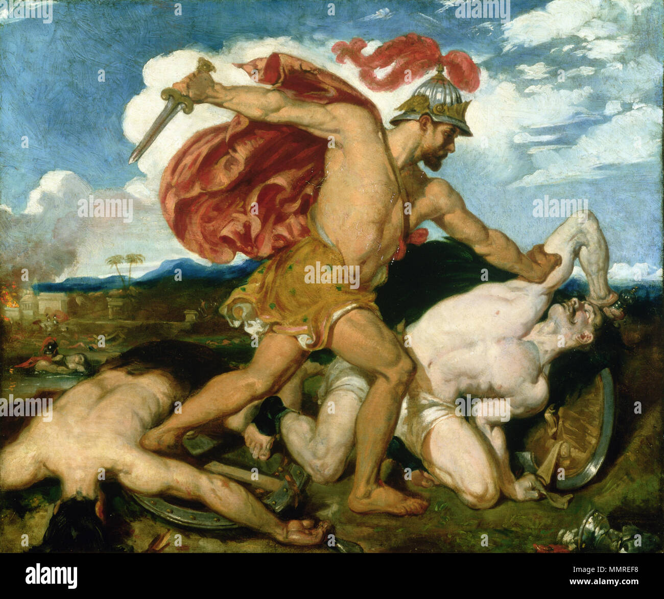 . Im Zentrum Benaja mit Mantel und Helm und Schwert in seiner rechten Hand, ist über einen Mann zu töten, der Moabiter, rechts. Auf der linken Seite eine Leiche. Landschaft Hintergrund. Benaja. 1829. York Museen vertrauen Personal Benaja von William Etty YORAG 70 Stockfoto