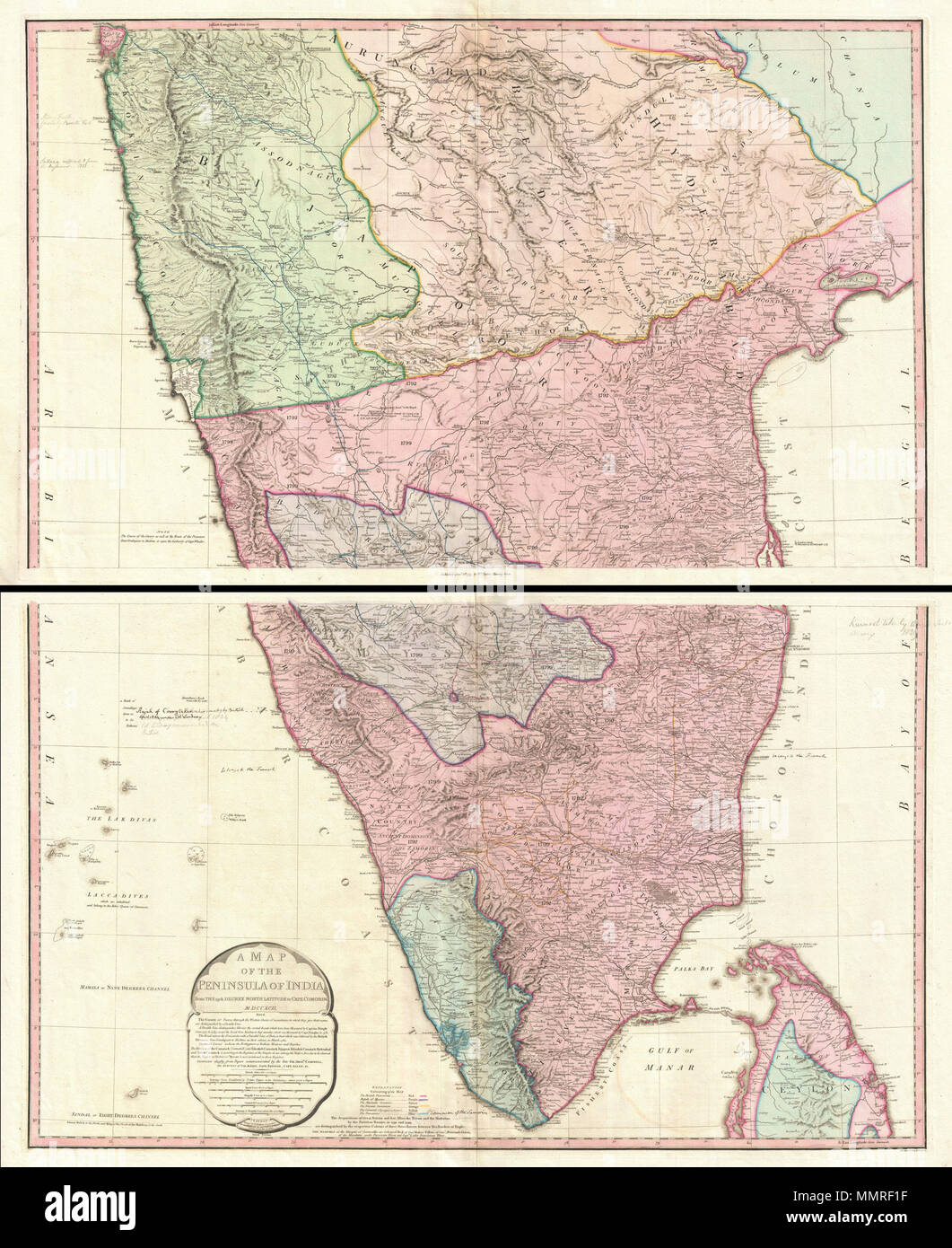 . Englisch: Diese Karte (als "Third Edition'), wird sofort nach dem Vierten Anglo-Mysore Krieg (1798-1799) geschaffen wurde, ist auf der 1793 Faden Karte basiert (ohne Hinweis), sofort nach der dritten Anglo-Mysore Krieg (1789-92) und die spätere Teilung und territorialen Verluste, die durch das Königreich Mysore durch den Vertrag 1792 von Seringapatam erstellt. Der einzige Unterschied zu der älteren Karte auf dem politischen Gebiet, die umfassende Erweiterung des Gebiets der British East India Company (über die Erfahrungen der Vertrag 1792 von Seringapatam), und die jetzt viel kleiner Fürstlichen Staat von Mysore Stockfoto