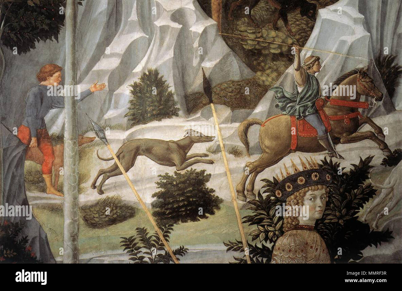Prozession der Jüngste König (Detail). Zwischen 1459 und 1460. Benozzo Gozzoli - Prozession der jüngsten König (Detail) - WGA 10258 Stockfoto