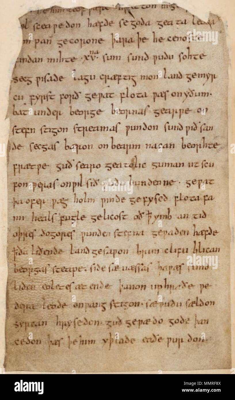 . Englisch: Folio 137 r des heroischen Epos Beowulf, vor allem im Westen der Sächsischen Dialekt der Alten Englischen geschrieben. Es enthält einen Teil von Abschnitt III, Zeilen 205-228 des Gedichts; J.R.R. Tolkien verwendet Zeilen 210-228 in seinem Essay "An der Übersetzung Die Legende von Beowulf". Teil der Baumwolle MS Vitellius EINEM XV Manuskript derzeit innerhalb der Britischen Bibliothek befindet. Dies ist eine digitale Kopie des Folio. Beowulf Baumwolle MS Vitellius EINEM XV w. 137 r Stockfoto