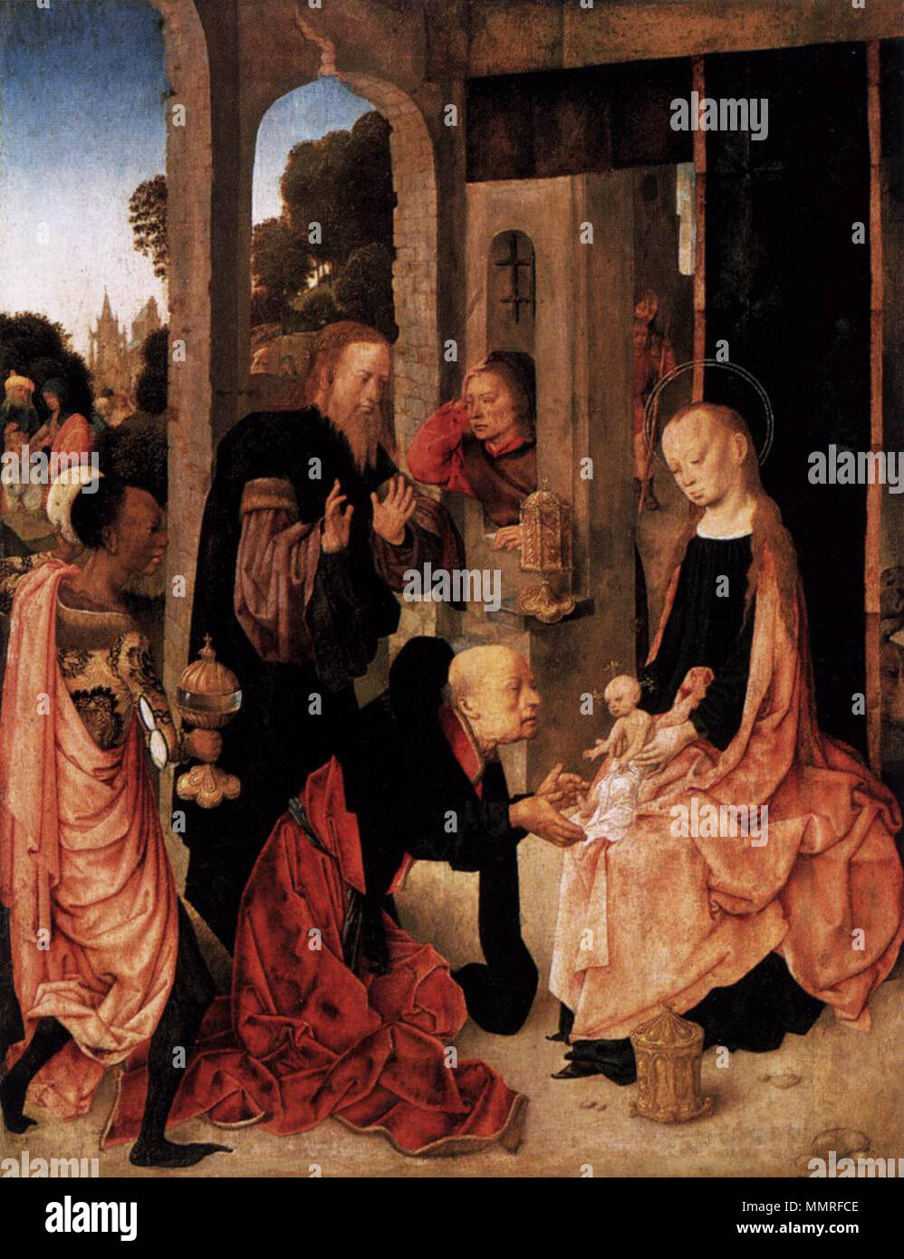 Englisch: Anbetung der Heiligen Drei Könige. ca. 1485. Berlin Anbetung - Meister der Virgo inter Virgines Stockfoto