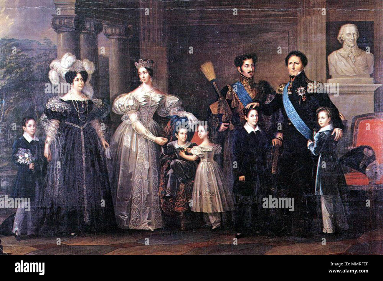 . Englisch: (L-R:) Prince Oscar (II), Königin Desideria, Kronprinzessin Victoria, Prinz August, Prinzessin Eugenie, Kronprinz Oscar (I), Prinz Carl (XV), König Carl XIV John, Prinz Gustav & Büste von Carl XIII Bernadottes von Schweden. 1837. Bernadottefamilie Stockfoto