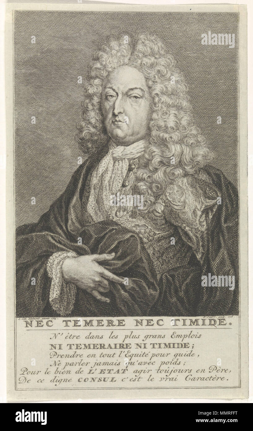 Portrait von Bruno van der Dussen, Regent von Gouda. 1718. Zeger Bernard Picart, Jacob van Helmont - Porträt von Bruno van der Dussen, Regent von Gouda Stockfoto