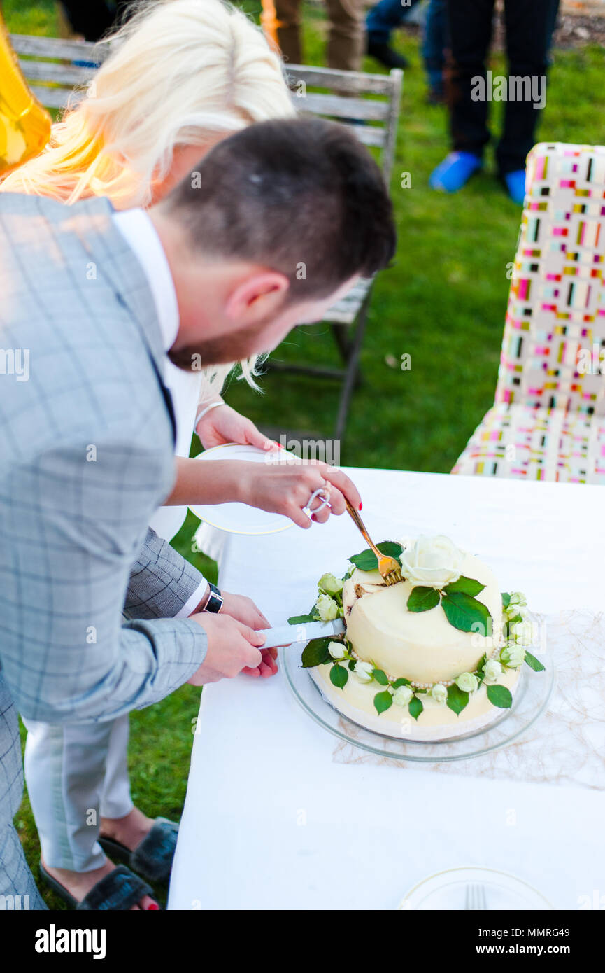 Braut und Bräutigam schneiden Hochzeitstorte Stockfoto