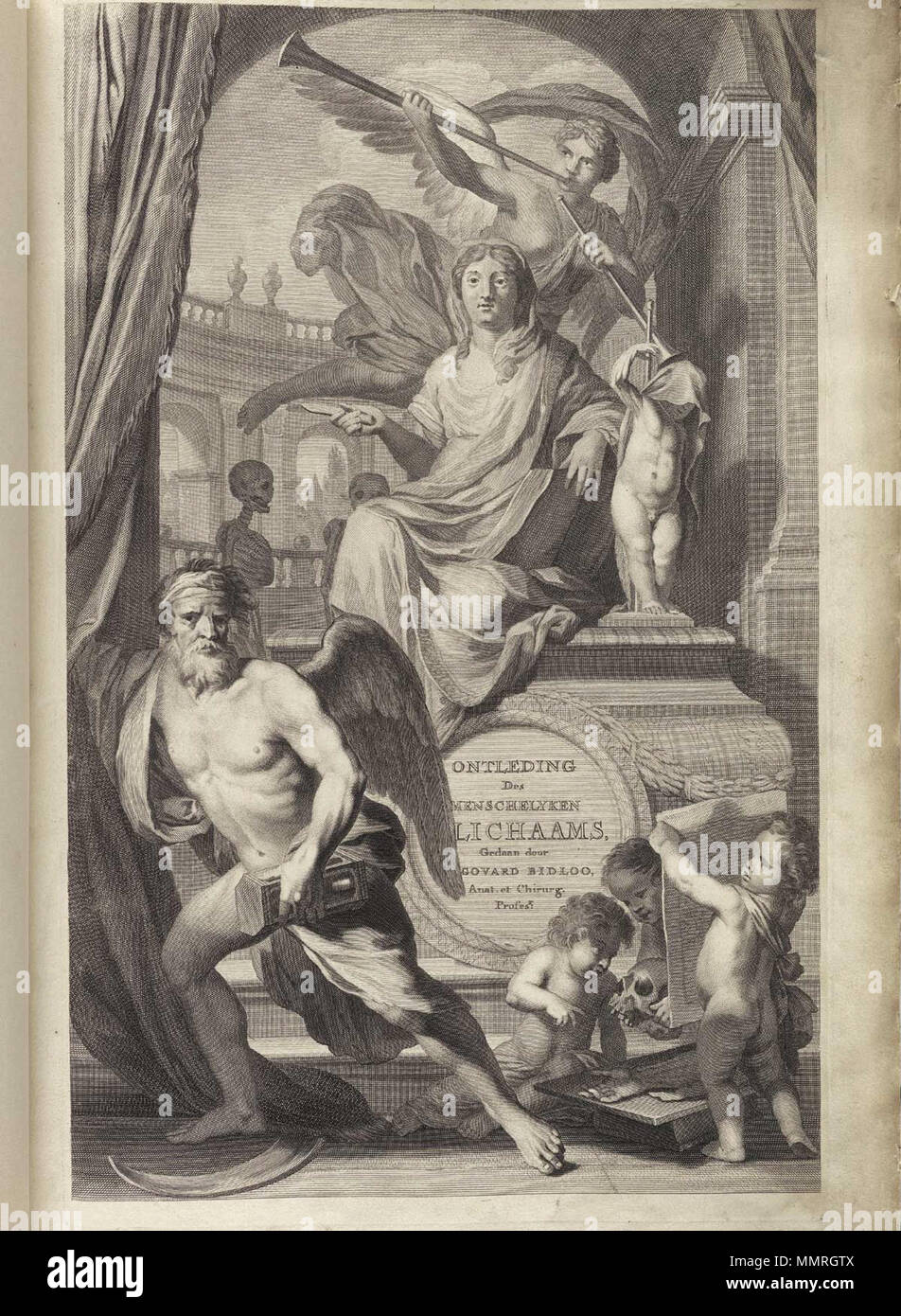 . Govard Bidloo, (1649-1713): Ontleding des menschelyken lichaams Amsterdam, 1690. (= niederländische Sprache Edition von Anatomia Humani Corporis, 1685). Gerard de Lairesse (Zeichnungen), Abraham Blooteling, Pieter Stevens van Gunst (GRAVEURE)/Scans von NLM Bidloo Ontleding Titel 1690 01. Stockfoto