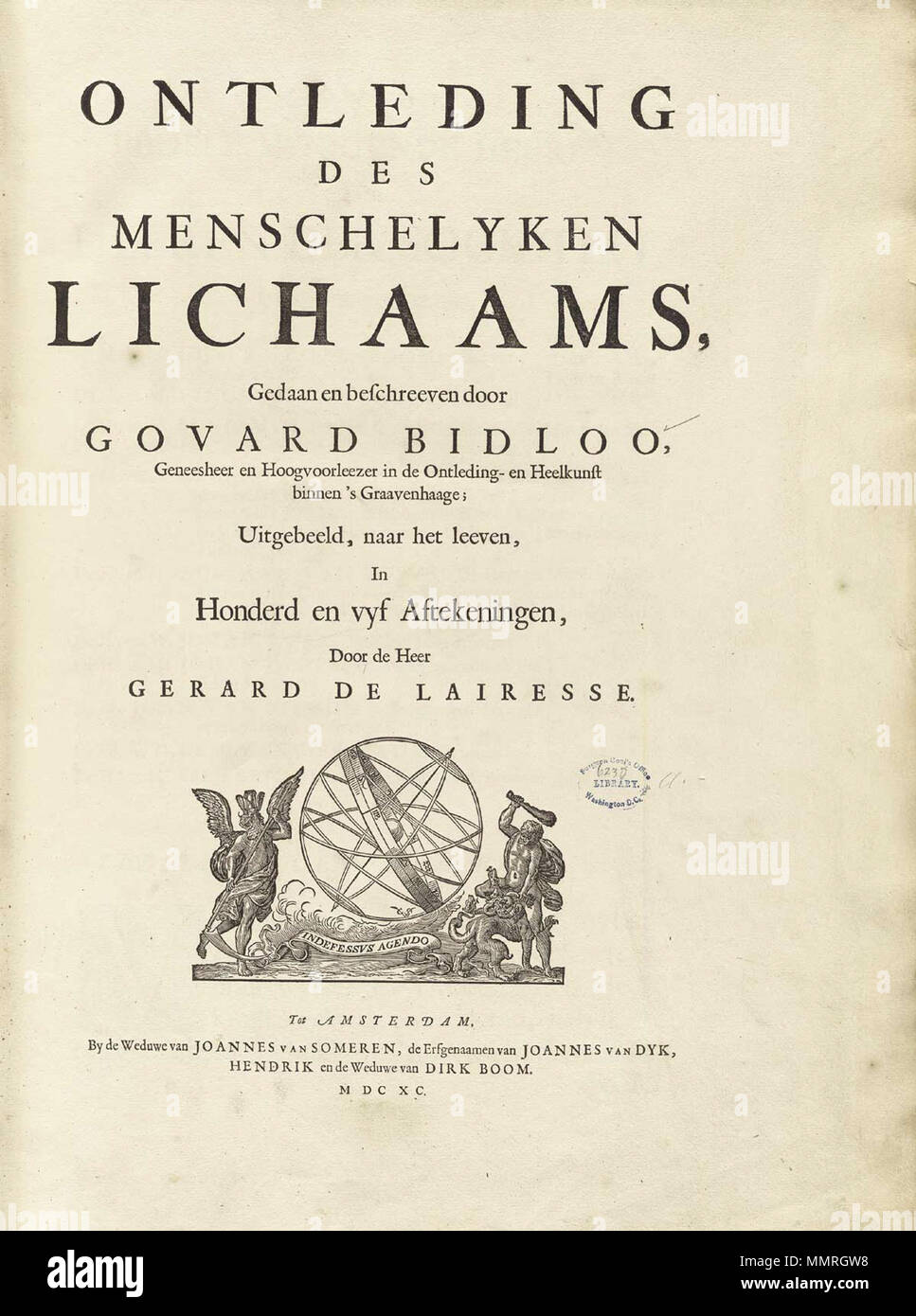 . Govard Bidloo, (1649-1713): Ontleding des menschelyken lichaams Amsterdam, 1690. (= niederländische Sprache Edition von Anatomia Humani Corporis, 1685). Gerard de Lairesse (Zeichnungen), Abraham Blooteling, Pieter Stevens van Gunst (GRAVEURE)/Scans von NLM Bidloo Ontleding Titel 1690 02 Stockfoto