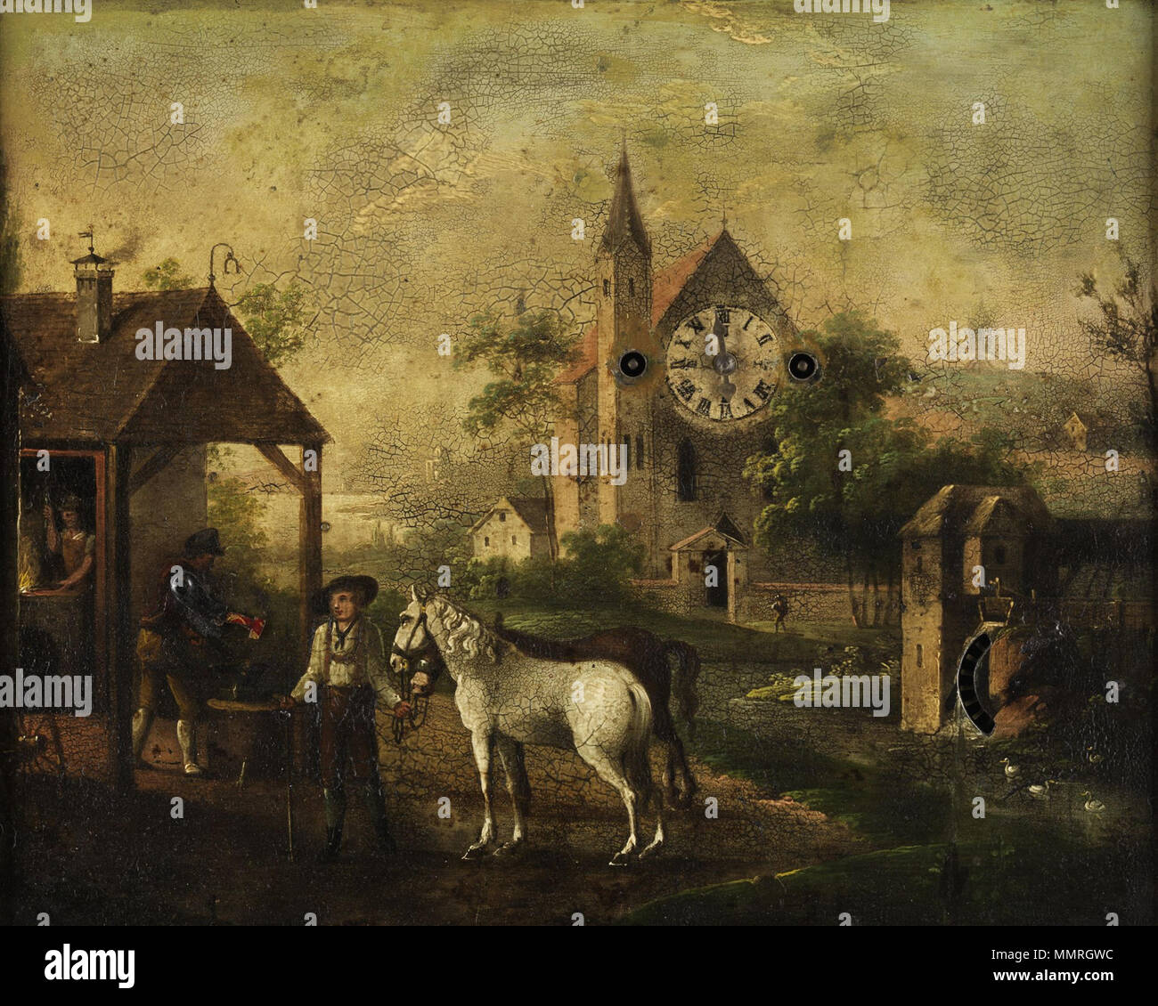 . Biedermeier-Bilderuhr, Motiv: Dort. Wien, Mitte 19. Jahrhundert. Rahmenuhr, Rahmen aus urheberrechtlichenGründen (PD-Kunst) entfernt. . 19. Unbekannte Biedermeier-Bilderuhr Dorf Stockfoto