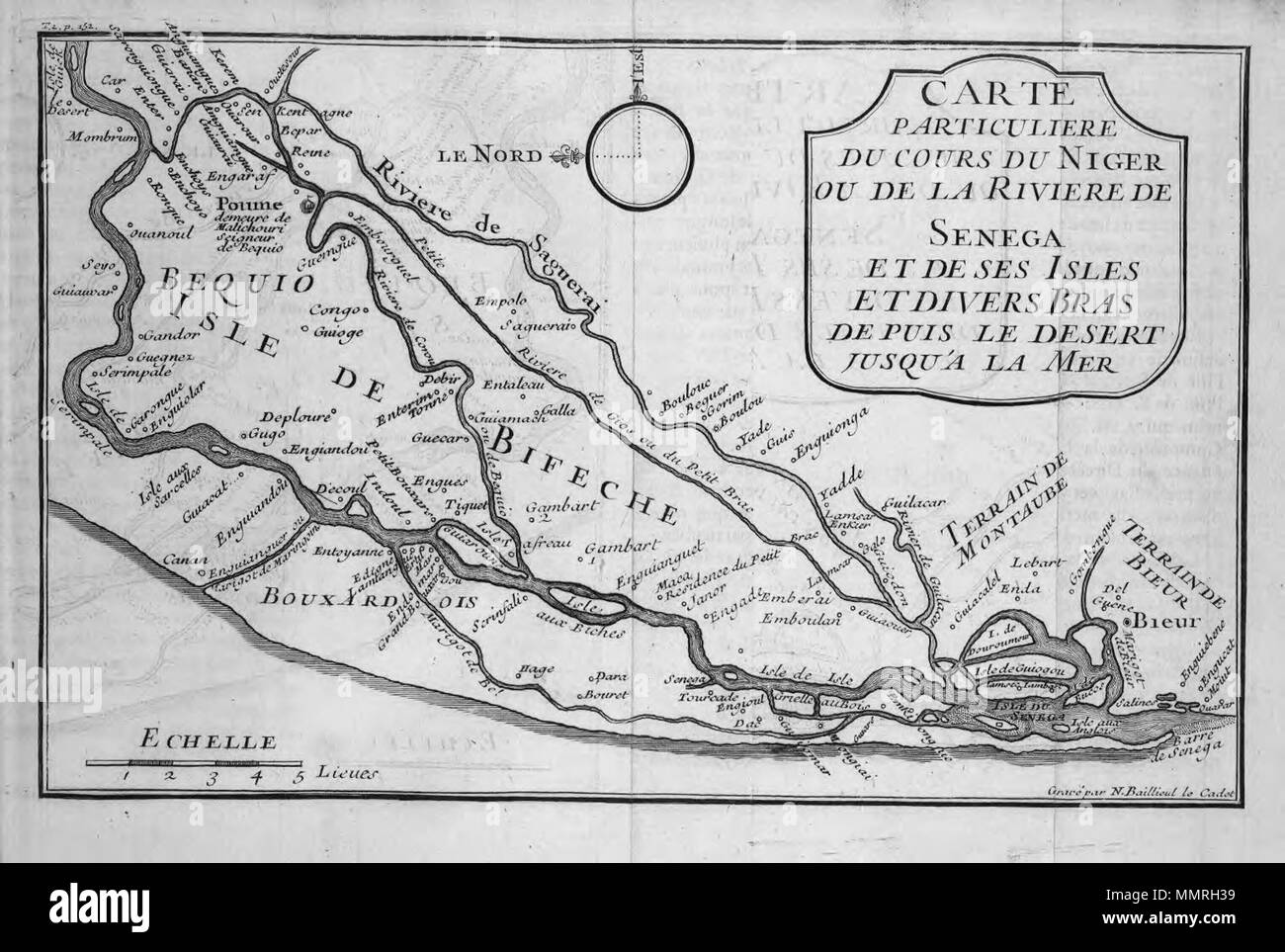 . Bifeche, Île du Sénégal (Abbildung dans Nouvelle relation de l'Afrique occidentale, Contenant une Beschreibung exacte du Sénégal et des Pays situés entre le Cap-Blanc et la Rivière de Serre-Lionne, jusqu'à plus de 300 lieues en avant dans les Terres, l'histoire naturelle de ces Pays, Les différentes Nationen qui y sind, répandues leurs Religionen et leurs moeurs, avec l'état Ancien et vorhanden des Firmen qui y font le commerce de Jean-Baptiste Labat. . 1728. F. Baillieul l'Ainé, grav. Bifeche Stockfoto