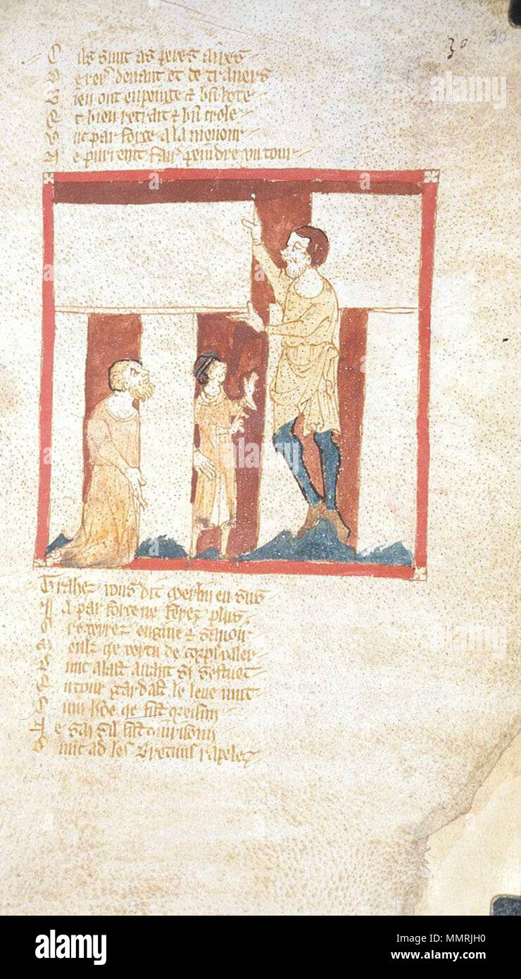 . Fol. 30 r. Dargestellte Person: Merlin. Diese Abbildung zeigt den Bau von Stonehenge von einem Riesen mit Hilfe von Merlin. Es ist die älteste bekannte Abbildung von Stonehenge. Roman de Brut, einen Vers Inbegriff (beginnt unvollkommen) mit Fortsetzung zu Edward III; La Destruction de Rome; Fierabras. zwischen 1325 und 1350. Wace BLEgerton 3028 Fol 30 rStonehenge Stockfoto