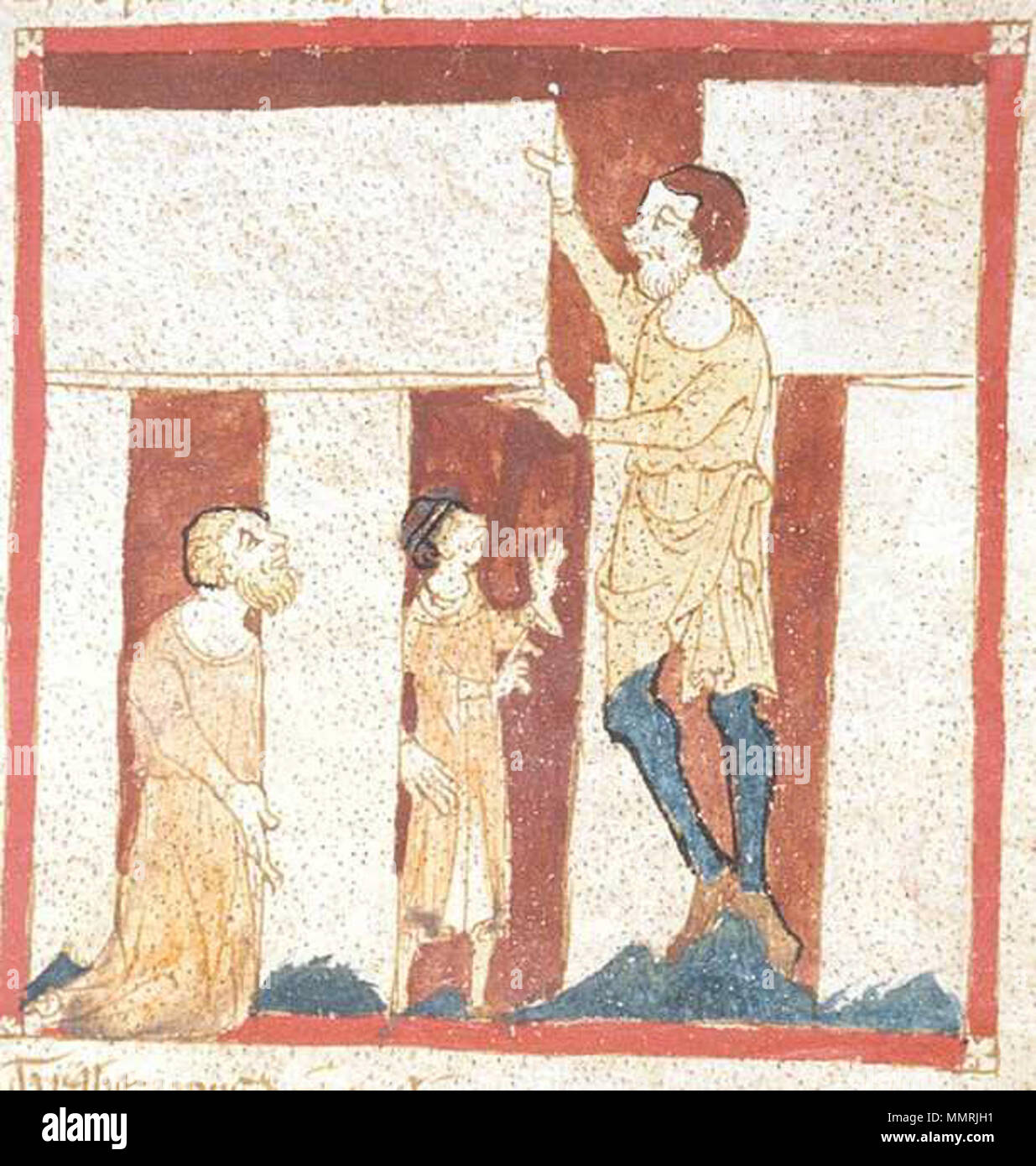 . Fol. 30 r. Detail, Dargestellte Person: Merlin. Diese Abbildung zeigt den Bau von Stonehenge von einem Riesen mit Hilfe von Merlin. Es ist die älteste bekannte Abbildung von Stonehenge. Roman de Brut, einen Vers Inbegriff (beginnt unvollkommen) mit Fortsetzung zu Edward III; La Destruction de Rome; Fierabras. zwischen 1325 und 1350. Wace BLEgerton 3028 Fol 30 rStonehengeCropped Stockfoto