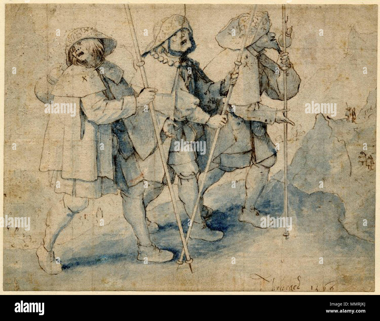 . Englisch: Drei blinde Pilger Holding Personal und Nach rechts, nach Pieter Brueghel der Ältere. 1566. Pen und braun Tinte, mit blauen waschen. . 1566. Pieter Brueghel der Ältere blinde Pilger Stockfoto