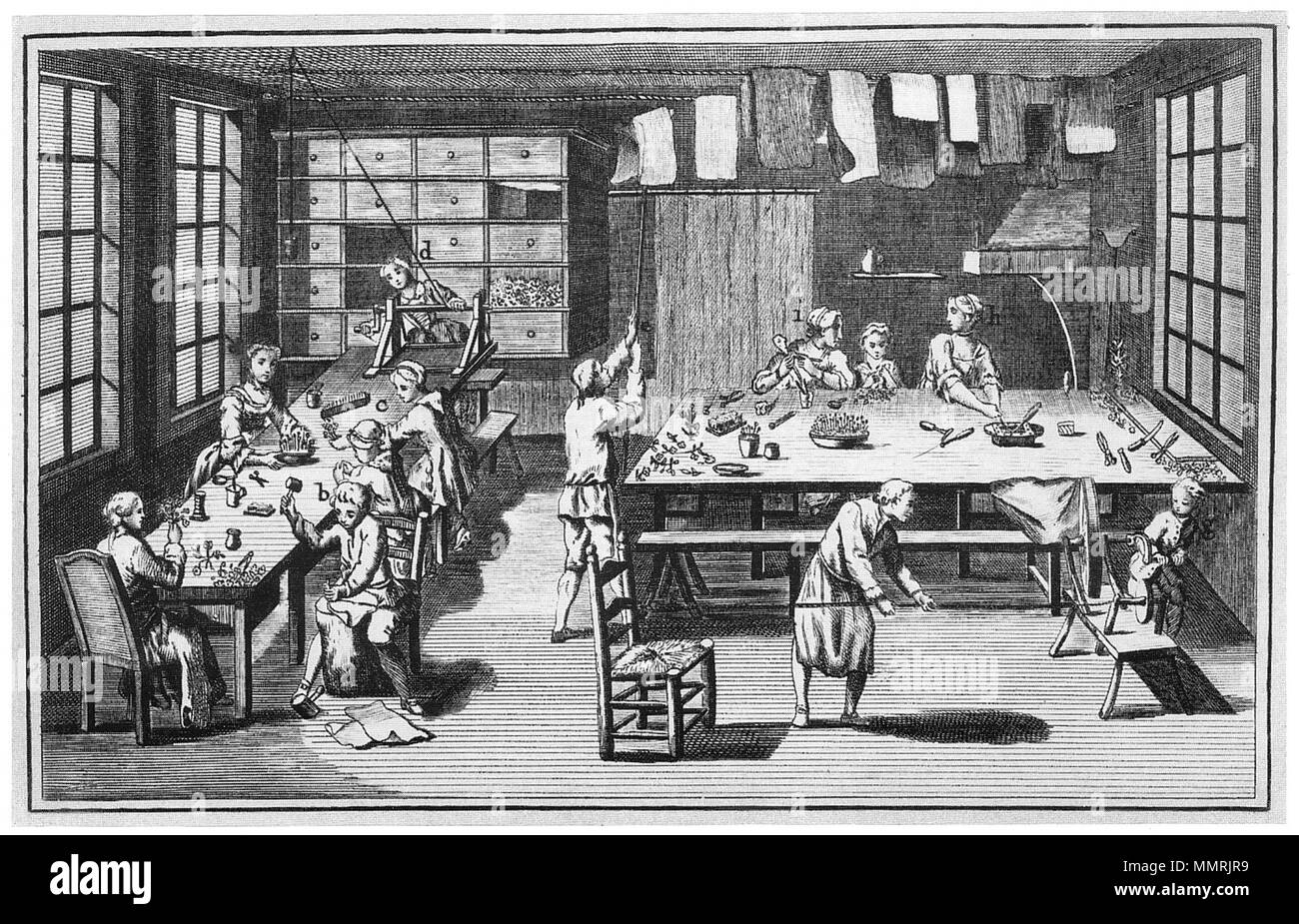 . Werkstatt einer Blumenmanufaktur. Kupferstich. . 1765. Robert Benard / G.R. Lucolle. Blumenmanufaktur Werkstatt Stockfoto