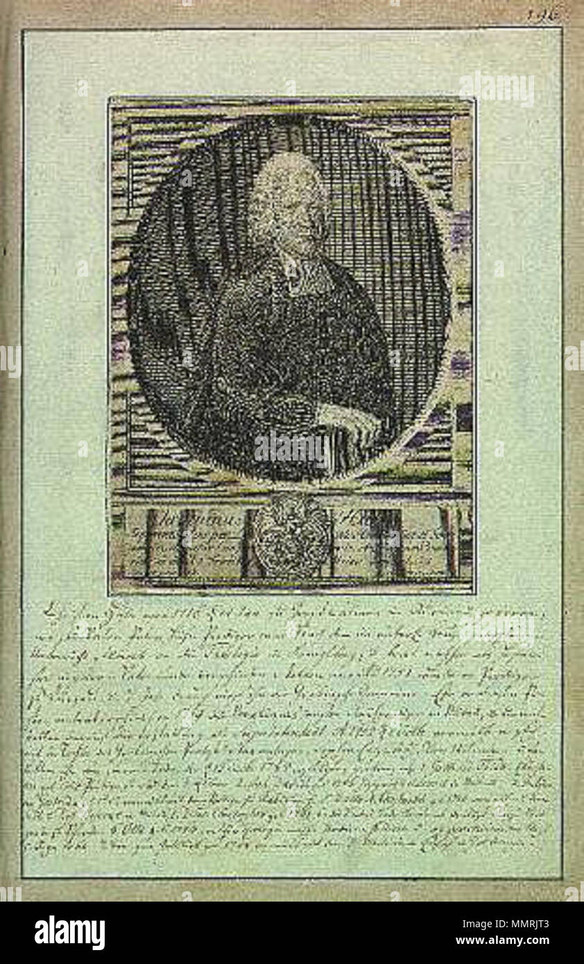. Von Johann Christoph Brotze's Buch Sammlung verschiedner Liefländischer Monumente zu Scannen. Christianus Huhn, Superintendens pro Ducatus Curlandiae et Semigalliae... [L. Schorer; das Porträt; sterben Gravüre; das Wappen]. (1716 Brutto Salwen Lettland - 1784 in Jelgava). 18. Bm05196 bin Stockfoto