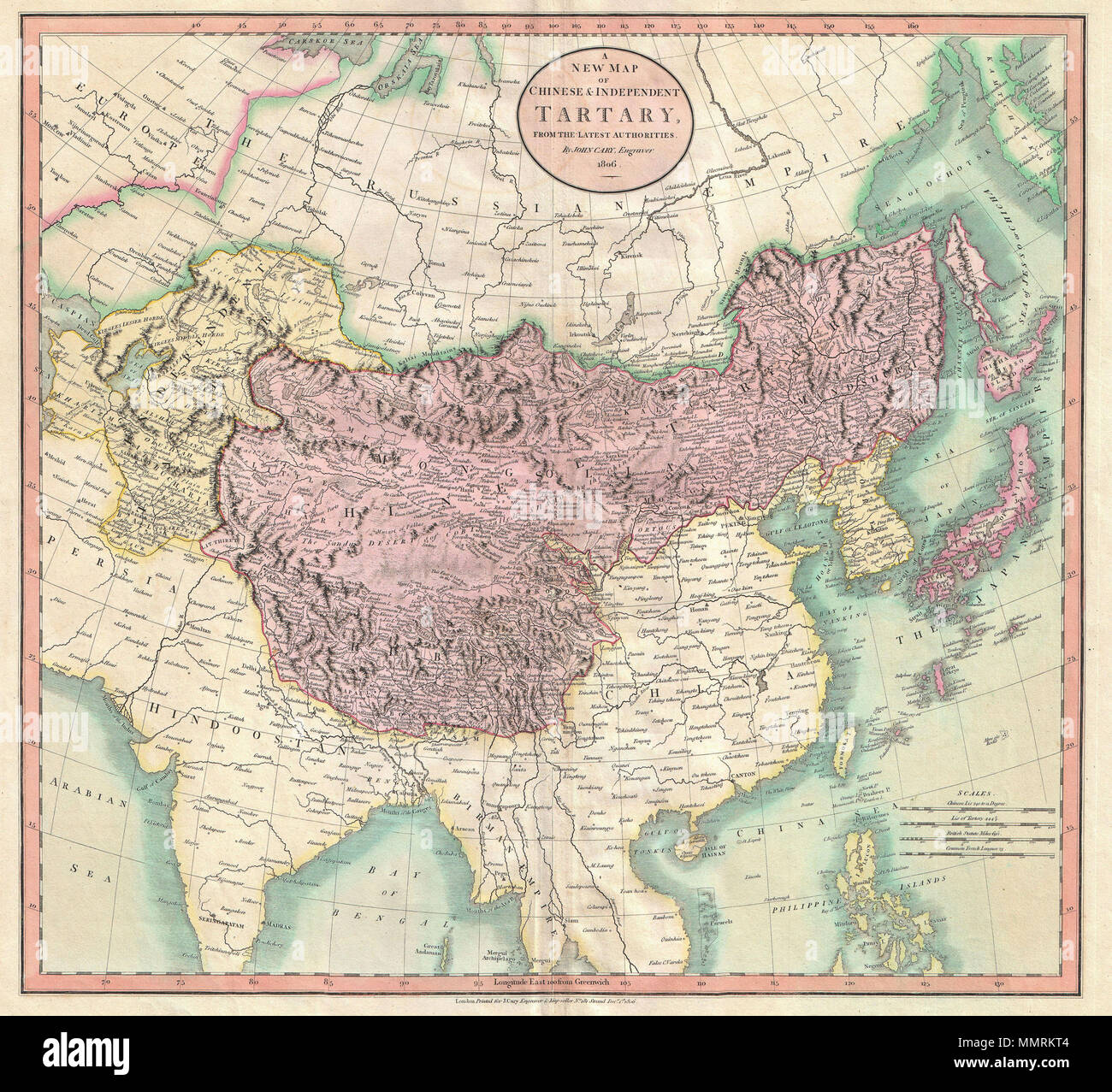. Englisch: Ein außergewöhnlich schönes Beispiel von John Cary's wichtige Karte 1806 von chinesischen und unabhängigen Tartary. Abdeckungen Zentralasien vom Kaspischen Meer nach Japan, erstreckt sich im Norden bis die Obskaia Meer und bis nach Indien, Burma und auf den Philippinen. Umfasst die modernen Nationen von Usbekistan, Kasachstan, Turkmenistan, Kirgisistan, Tadschikistan und der Mongolei. Eine der interessantesten Cary's Karten. Zentralasien, trotz Hunderten von Jahren Laufkundschaft auf der Seidenstraßen, noch war, in der Zeit um die Jahrhundertwende ein weitgehend unbekanntes Land. Cary versucht, einige der Seidenstraße Passage zu zeigen Stockfoto