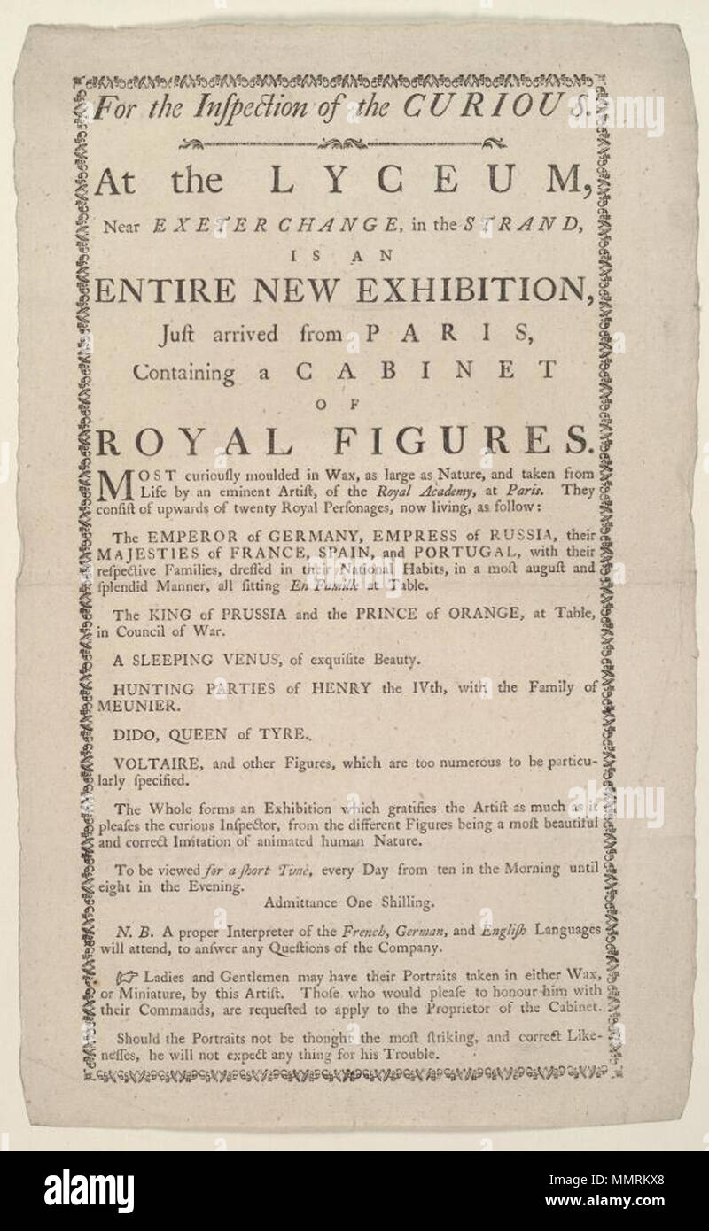 . Anzeige des Lyceum Theatre (London, England), [1785?], die Ankündigung eines Kabinetts der Königlichen zahlen. Die meisten neugierig in Wachs gegossen." Meine Damen und Herren, können Ihre Porträts in entweder Wachs genommen haben, oder Miniatur, von diesem Künstler... Sollte die Porträts nicht das Auffälligste, und korrigieren Sie ähnliches gedacht werden, wird er nicht erwarten, dass jede Sache, die für seine Mühe'; Kabinett der Königlichen zahlen. Die meisten neugierig in Wachs gegossen; Kaiser von Deutschland, Kaiserin von Russland, ihre majestäten von Frankreich, Spanien und Portugal, mit ihren jeweiligen Familien ...; der König von Preußen und der Prinz von Oranien, am Tisch in der o Stockfoto
