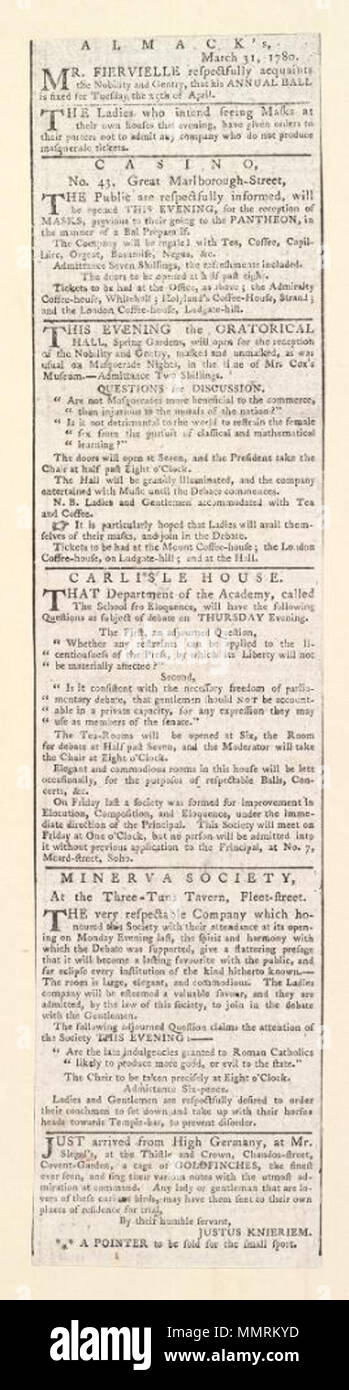. Newscutting im Zusammenhang mit verschiedenen Unterhaltungen; verschiedene Ereignisse auf einer Rechnung ausgeschrieben; der jährliche Ball; Casino; Oratorischen Halle; Minerva Gesellschaft; Käfig von GOLDFINCHES; Casino; an diesem Abend das Oratorischen Gesellschaft, Feder Gardnes, wird für die Aufnahme des Adels und Gentry geöffnet; Carlisle House; Minerva Gesellschaft; Nur aus Deutschland eingetroffen, an Herrn slegel's, im Thistle und Krone ... einem Käfig von Goldfinches ...; Almack's. März 31, 1780 Almack's. 31. März 1780. 31. März 1780. Casino [Autor] Der Oratorischen Halle [Thema] Carlisle House [Thema] Distel und Krone ([London], England) [Thema] Stockfoto