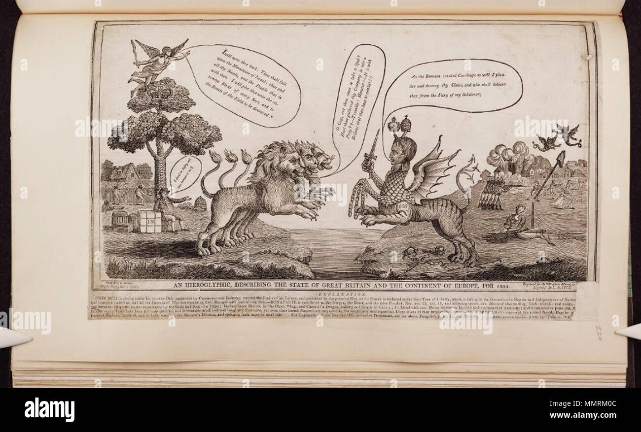 . Satire auf die Angst vor einer französischen Invasion, 1794-1805. (Britische politische Karikatur) Eine hieroglyphische, beschreibt den Zustand von Großbritannien und dem europäischen Kontinent, für 1804. 1803. Bodleian Bibliotheken, Eine hieroglyphische, beschreibt den Zustand von Großbritannien und dem europäischen Kontinent, für 1804 Stockfoto