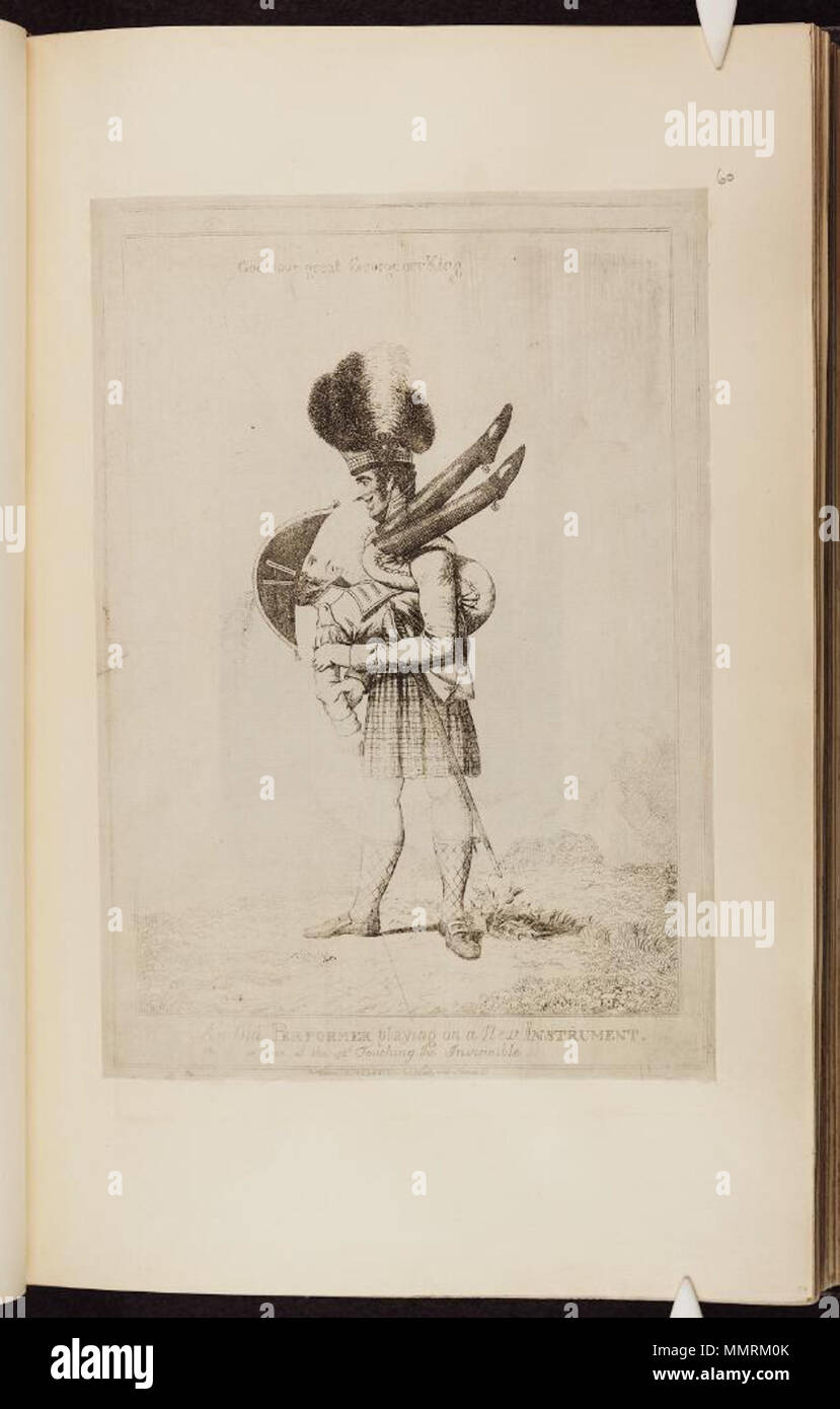 . Satire auf die Angst vor einer französischen Invasion, 1794-1805. (Britische politische Karikatur); ein Highland Soldat hält Napoleon wie ein Dudelsack. Über dem Bild: 'Gott speichern Great George unser King'.; Nicht gefärbt Eine alte Spieler spielen auf ein neues Instrument. Oder: Eine der 42 d Berühren der unbesiegbar. 22. September 1803. Bodleian Bibliotheken, einem alten Performer Spielen auf ein neues Instrument oder - einem der 42 d Berühren der Unbesiegbaren Stockfoto