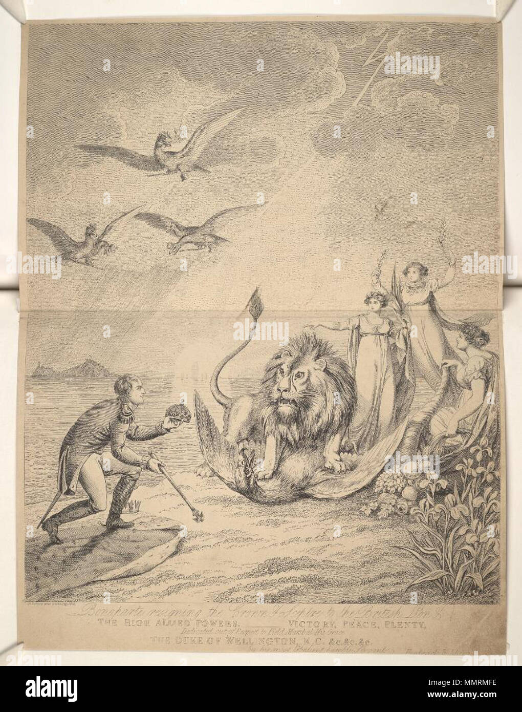 . Britische politische Karikatur Bonaparte Neusignieren der Krone und Zepter der British Lion & der Hohen alliierten Mächte.: Sieg, Frieden, Fülle, aus Respekt gegenüber den Feldmarschall seine Gnade der Herzog von Wellington, K.G. & C & C & C. Durch seinen Gehorsam demütigen Magd, Friedrich Rehberg. Juli 1814. Bodleian Bibliotheken, Bonaparte Neusignieren der Krone Zepter an den britischen Löwen der alliierten Mächte - Sieg, Frieden, Fülle, die dedizierte Stockfoto