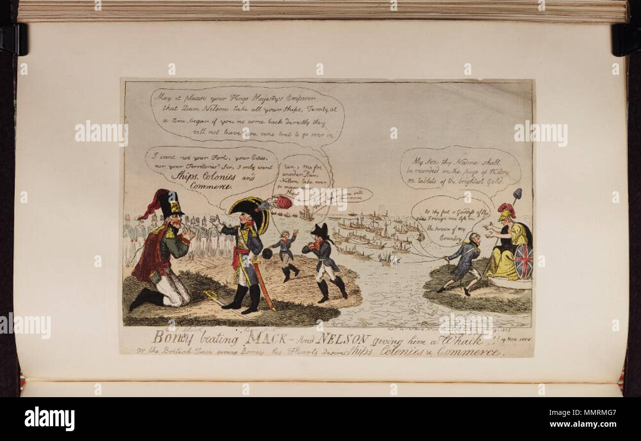 . Satire auf die Napoleonischen Kriege. (Britische politische Karikatur) Boney Mack schlagen - und Nelson geben ihm ein whack!! Oder: Die britische tars, Boney sein Herz begehrt. Schiffe, Kolonien & Commerce. 19. November 1805. Bodleian Bibliotheken, Boney schlagen Mack und Nelson ihm einen Schlag oder - die Britische tars, Boney sein Herz begehrt Schiffe, Kolonien Co Stockfoto