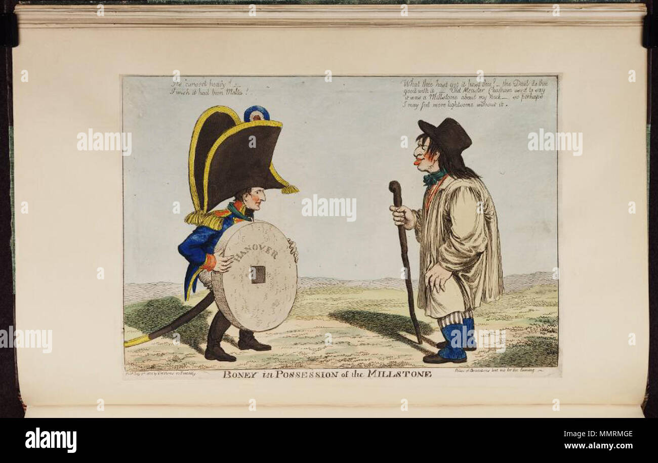 . Karikatur von Napoleon I. (Britische politische Karikatur); Napoleon hält einen Mühlstein mit der Aufschrift "Hannover". John Bull sieht auf selbstzufrieden, der Gewicht entlastet. Rede John Bull's bezieht sich auf die Beschwerden von Herrn Chatham, der ältere Pitt, über die Kosten nach Großbritannien für das anhaltende Interesse der Hannoveraner Monarchen in der Verteidigung dieses Staates. Boney im Besitz der Mühlstein. Vom 5. Juli 1803. Bodleian Bibliotheken, Boney im Besitz der Mühlstein Stockfoto