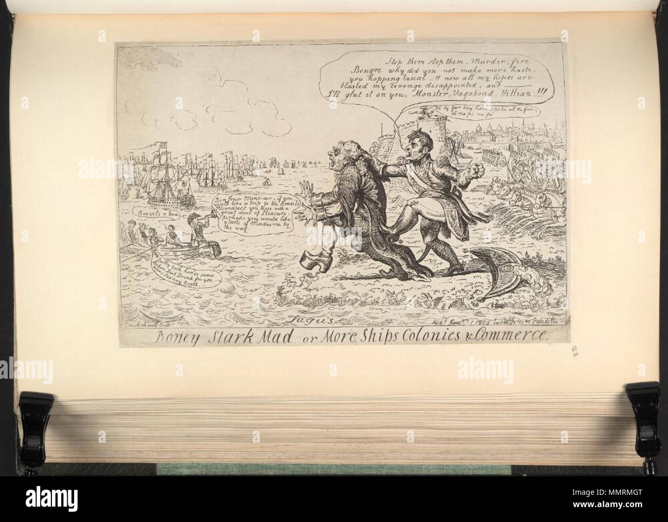 . Satire auf der Krieg der Halbinsel. (Britische politische Karikatur); eine Karikatur, die Kennzeichnung der Abreise der Regent von Portugal mit seinen Ministern und Gerichtsstand für Brasilien, Vor der französischen Invasion von Portugal im Nov. 1807.; Nicht gefärbt. Krumbhaar 87. Boney stark verrückt oder: Mehr Schiffe, Kolonien & Commerce. 1. Januar 1808. Bodleian Bibliotheken, Boney stark verrückt oder - mehr Schiffe, Kolonien commerce Stockfoto