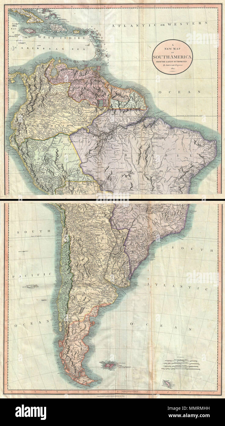 . Englisch: Ein schönes Beispiel für John Cary's spektakuläre 1807 zwei Blatt Karte von Südamerika. Deckt die Gesamtheit der Südamerika auf zwei Blätter. Das obere Blatt details der region aus Kuba nach Süden so weit wie Titicacasee und Porto Bello, Brasilien. Enthält die Windward Inseln der Kleinen Antillen. Das unterste Blatt Details von Porto Seguro, Brasilien, gegen Mittag so weit wie Patagonien und Feuerland. Enthält die Falklandinseln und Südgeorgien Insel. Beide Platten bieten wunderbare Detail der Einrichtung mit Liberalen auf zahlreiche indigene Volksgruppen - vor allem in den Amazonas. Stockfoto
