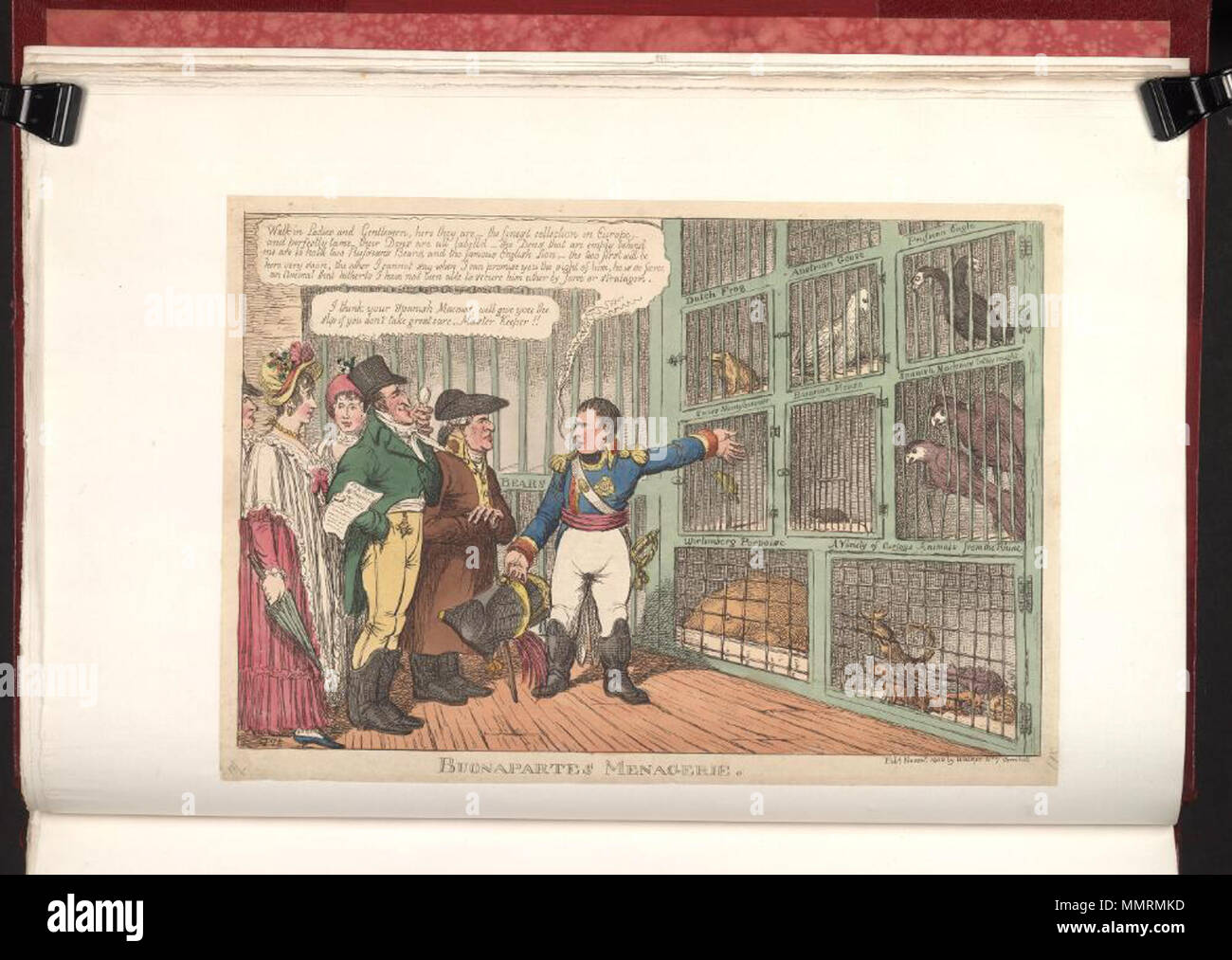 . Karikatur von Napoleon I. (Britische politische Karikatur); Napoleon zeigt seine Sammlung von Tieren, die europäischen Nationen zu einer Gruppe englischer Bürger. Ein Mann, der Herzog von Wellington, Erläuterungen, dass die Spanische Aras wahrscheinlich zu entkommen.; Attribution von BMC Buonapartes Menagerie. November 1808. Bodleian Bibliotheken, Buonapartes menagerie Stockfoto