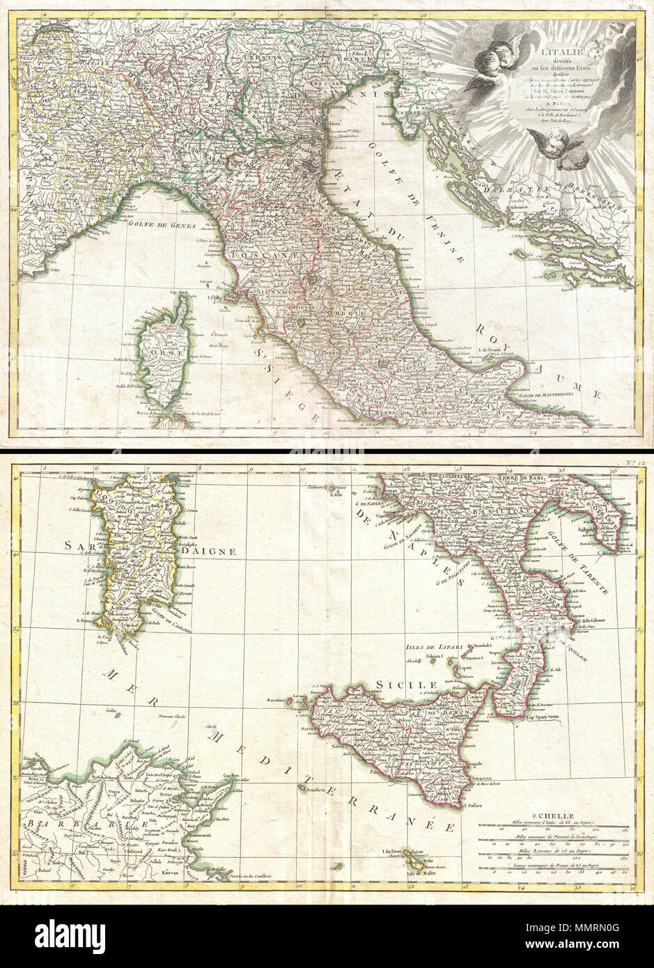 . Englisch: Ein schönes Beispiel für Rizzi-Zannoni's 1770 zwei Blatt dekorative Karte von Italien. Das obere Blatt deckt vom Genfer See und dem Venezianischen Staaten südlich Rom, Korsika, und Capitana zu gehören. Enthält auch den Golf von Venedig und den Staaten von Dalmatien, Herzegowina und Murlaka. Eine große dekorative Kartusche mit Sonnenstrahlen und zahlreiche Putti (kleine Engelchen) erscheint in der oberen rechten Quadranten. Die untere Blatt aus Neapel im Süden auf Sizilien, Malta, Sardinien und Teile von Tunesien und Algerien in Nordafrika. Diese Karte zeigt die Italienische Halbinsel vor der Kampf um die n Stockfoto