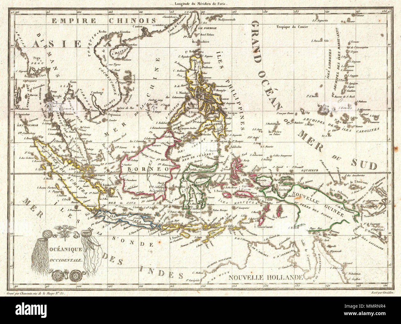 . Englisch: ein höchst wünschenswert C. 1810 Zuordnung von Südostasien und Ostindien durch die Französische Kartograph Ambrosius Tardieu. Abdeckungen aus Burma bis Australien und von Sumatra, Neuguinea. Mit Siam (Thailand), Kambodscha (cambodge), Vietnam (Tonquin und ChochinCHine), Taiwan (Tai-ouan oder Formose), Singapur (gezeigt, aber nicht gekennzeichnet), Sumatra, Java, Borneo, den Philippinen und Neuguinea. Bietet begrenzte inländische Detail, hat aber eine Reihe von großen Städten einschließlich Pegu (in der Nähe von Rangoon), Siam (Bangkok), Batavia, und Manila identifizieren. Wie diese Karte wurde gemacht, die südlichen und westlichen Stockfoto