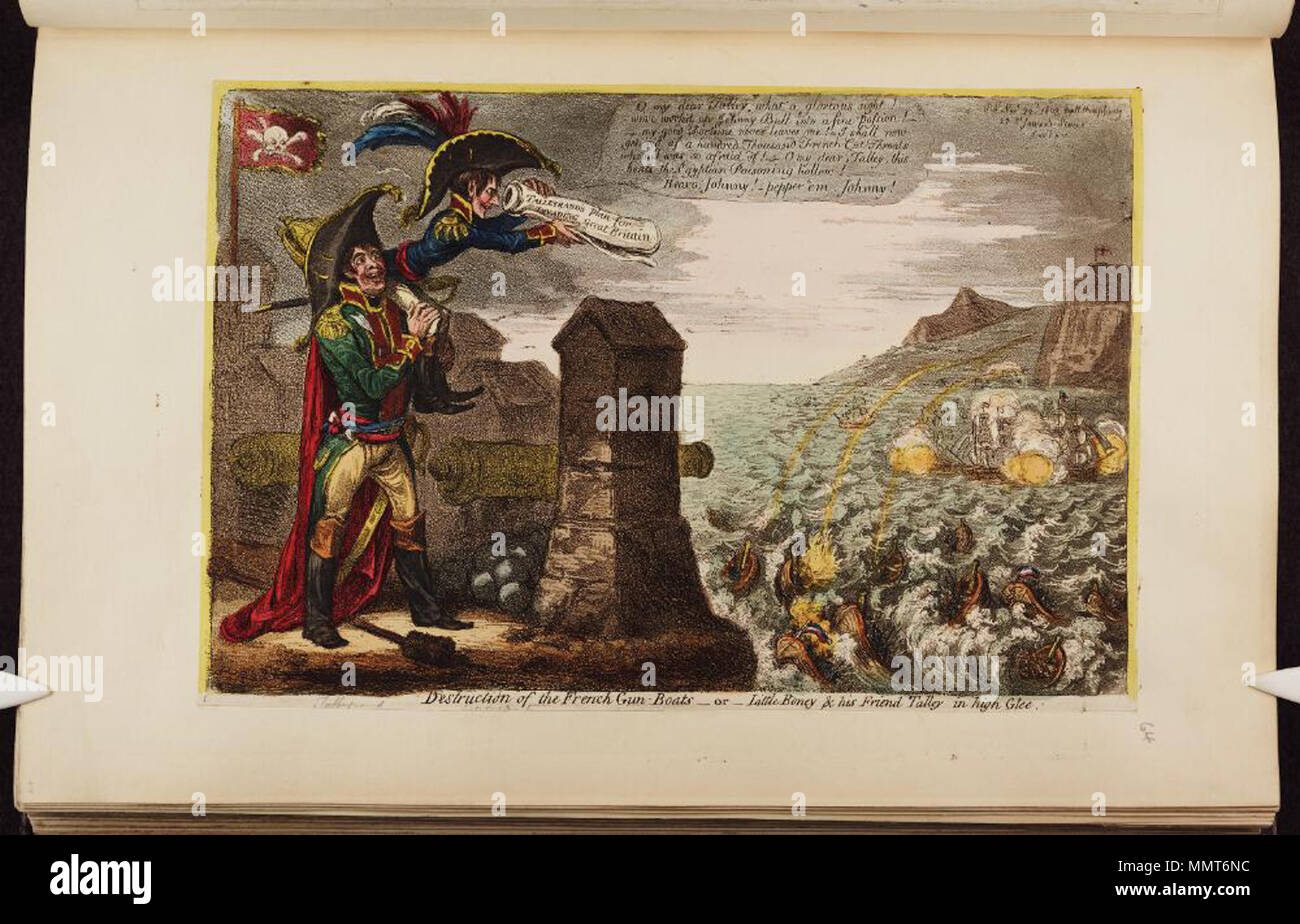 . Satire auf die Angst vor einer französischen Invasion, 1794-1805. (Britische politische Karikatur) Vernichtung der französischen Gewehr - Boote -- oder: - kleine Boney und sein Freund Talley in hoher Freude. 22. November 1803. Bodleian Bibliotheken, Zerstörung der Französische kanonenboote oder - wenig Boney und sein Freund Talley in hoher Glee Stockfoto . Satire auf die Angst vor einer französischen Invasion, 1794-1805. (Britische politische Karikatur) Vernichtung der französischen Gewehr - Boote -- oder: - kleine Boney und sein Freund Talley in hoher Freude. 22. November 1803. Bodleian Bibliotheken, Zerstörung der Französische kanonenboote oder - wenig Boney und sein Freund Talley in hoher Glee Stockfoto