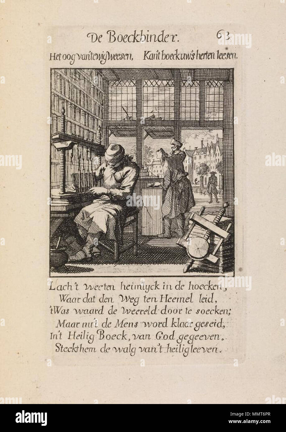 . Der niederländische Buchbinder Workshop, C. 1700 Diese detaillierte Gravur eines Buchbinders shop oberhalb einer frommen Vers zeigt ein Binder im Rahmen einer Nähmaschine nähen ein Buch sitzt, während ein anderes Binder in einem Post steht, schlagen die gefaltete Blätter gedruckt. Ein buchbinder Pflug, die verwendet wird, um die Kanten der Bücher und ein gluepot zu trimmen stehen im Vordergrund. Während dies eine idealisierte Darstellung, es bietet wichtige Informationen sowohl auf verbindliche Methoden und Werkzeuge. Douce L 186, PL. 63 Douce L186 Bodleian Bibliotheken, Douce. L 186 Stockfoto
