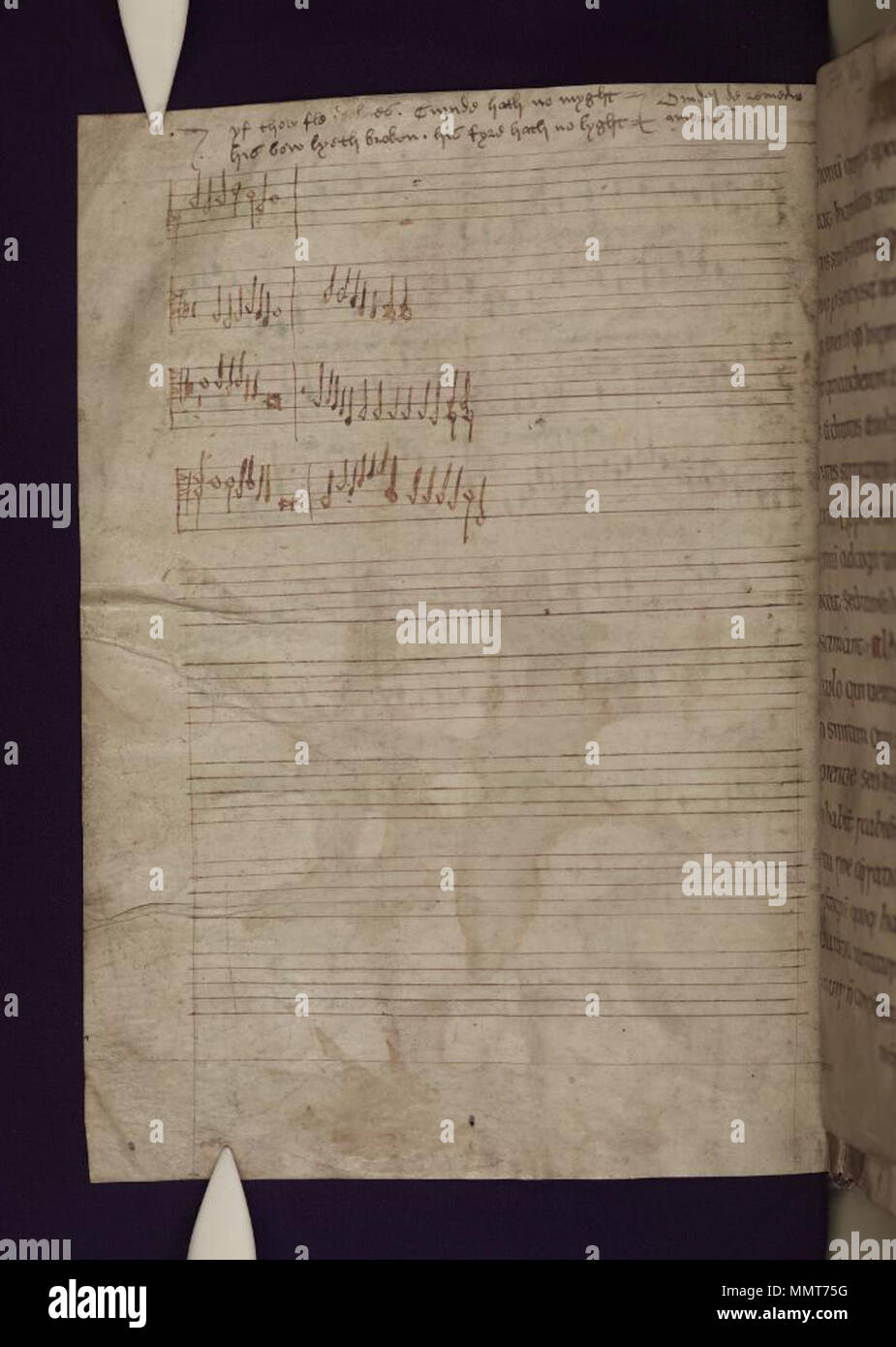 . Mischung von fünf verschiedenen Handschriften, alle englischen Ursprungs und zusammen gebunden C. 1660, bestehend aus: in Latein und Englisch, (fols. 3-33) "Die Selden Carol Buch', polyphone Musik einschließlich (fol. 17 v) Der agincourt Song, das 2. Quartal des 15. Jahrhunderts; in Latein, (fol. 34) ein Blatt von Gregory's Seelsorge, aus dem 8. Jahrhundert, und zwei aus dem 15. Jahrhundert, (fols. 35-94) Wycliffite traktate von John tissington und anderen und (fols. 95-102) einen Kalender, mit Tabellen für 1459-76, etc.; und in Englisch, (fols. 103-134) William Cartwright, die Royall Slave, ein Spiel in Oxford 1636 durchgeführt.; 33 v Fi Stockfoto