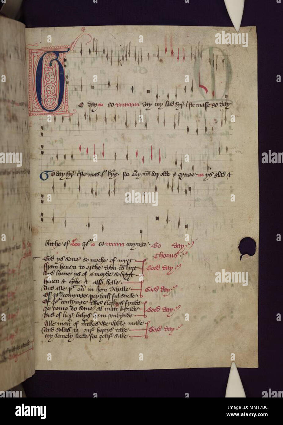 . Mischung von fünf verschiedenen Handschriften, alle englischen Ursprungs und zusammen gebunden C. 1660, bestehend aus: in Latein und Englisch, (fols. 3-33) "Die Selden Carol Buch', polyphone Musik einschließlich (fol. 17 v) Der agincourt Song, das 2. Quartal des 15. Jahrhunderts; in Latein, (fol. 34) ein Blatt von Gregory's Seelsorge, aus dem 8. Jahrhundert, und zwei aus dem 15. Jahrhundert, (fols. 35-94) Wycliffite traktate von John tissington und anderen und (fols. 95-102) einen Kalender, mit Tabellen für 1459-76, etc.; und in Englisch, (fols. 103-134) William Cartwright, die Royall Slave, ein Spiel in Oxford 1636 durchgeführt.; 8 r Fiv Stockfoto