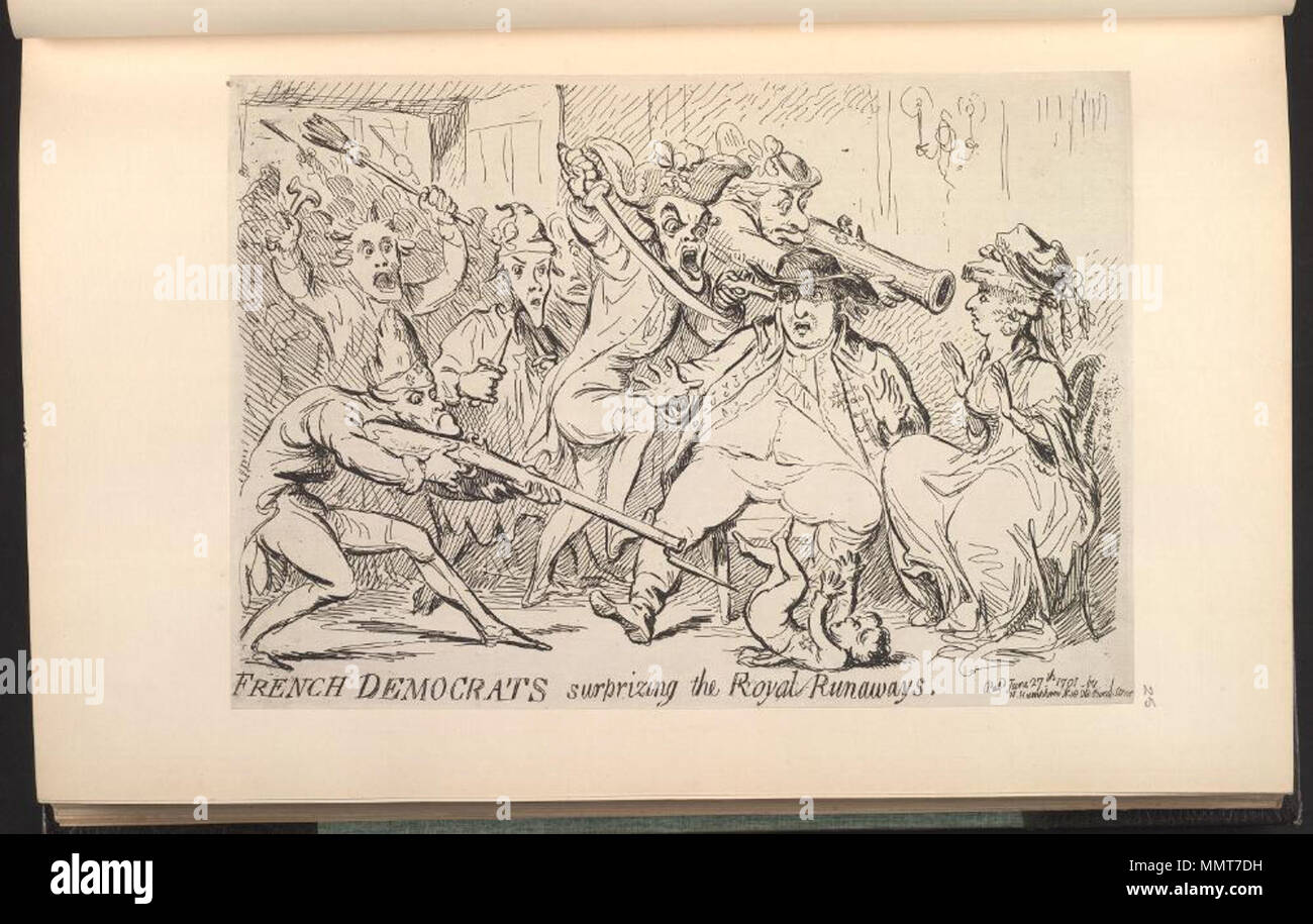 . Satire auf die Französische Revolution. (Britische politische Karikatur); Ludwig XVI. und Marie Antoinette sitzen; eine Masse der Soldaten platzt durch die Tür. 1 Punkte eine donnerbüchse am Kopf der Königin, eine andere Punkte mit Schwert und Pistole auf den König. Französischen Demokraten surprizing der königlichen Ausreißer. 27. Juni 1791. Bodleian Bibliotheken, französischen Demokraten surprizing der königlichen Ausreißer Stockfoto