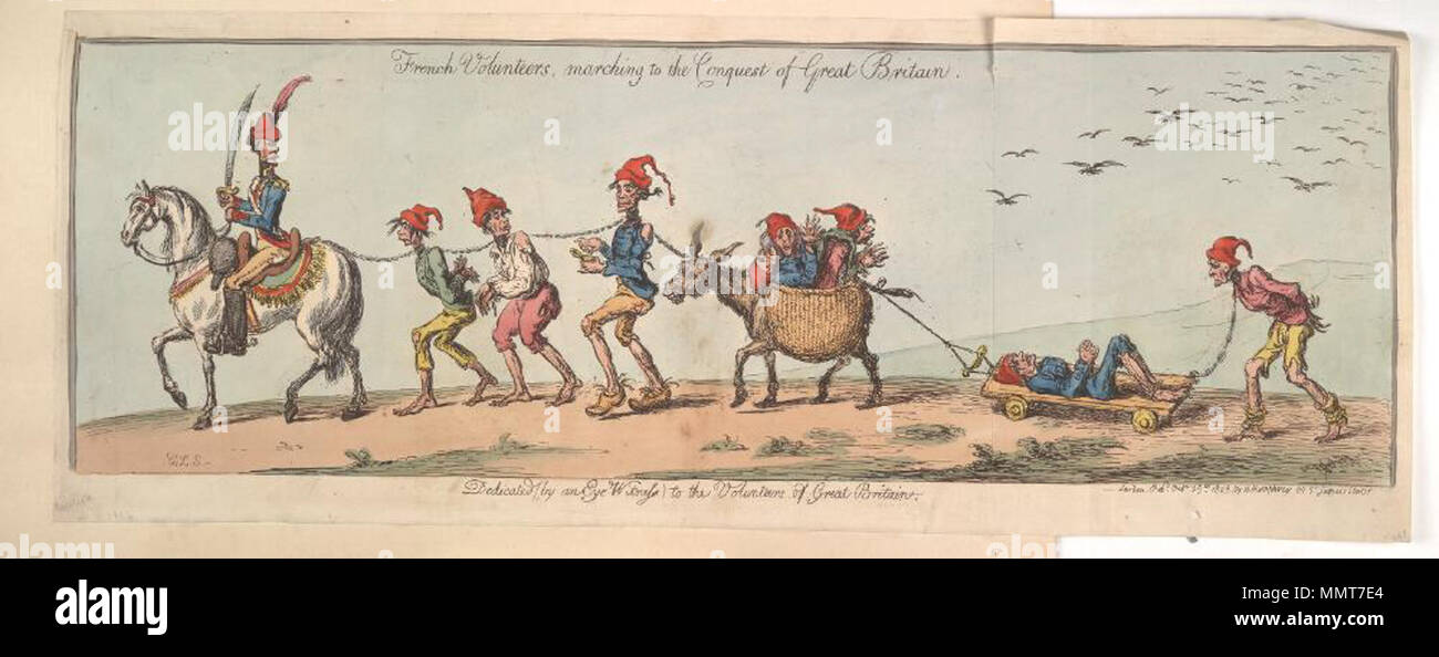 . Satire auf die Angst vor einer französischen Invasion, 1794-1805. (Britische politische Karikatur) Französische Freiwillige, marschieren auf die Eroberung von Großbritannien. Durch ein Auge, Zeugnis zu geben von der Freiwilligen von Großbritannien gewidmet. 25. Oktober 1803. Bodleian Bibliotheken, französische Freiwillige, marschieren auf die Eroberung von Großbritannien gewidmet, die von einem Augenzeugen für die Freiwilligen Helfer der Großen Brit Stockfoto