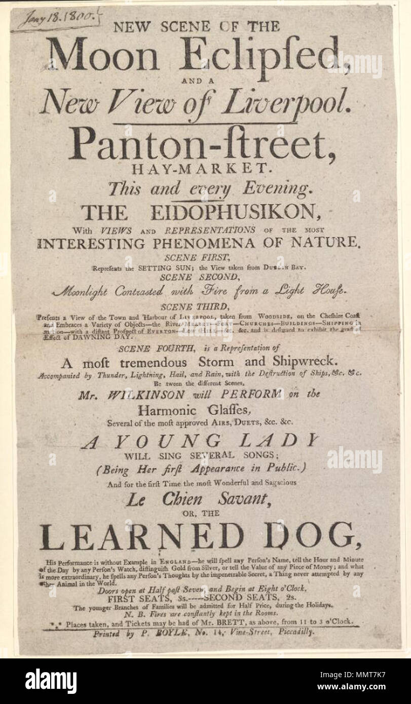 . Flugblatt der Panton-Straße, Haymarket, [Jany. 18. 1800], bei der Bekanntgabe der eidophusikon; Jany. 18. 1800 (Manuskript); Eidophusikon; Arien, Duette, &c. &C. [Zur harmonischen Brille]; mehrere Lieder; [Flugblatt der Panton-Straße, Haymarket, [Jany. 18. 1800], bei der Bekanntgabe der eidophusikon] [Flugblatt der Panton-Straße, Haymarket, [Jany. 18. 1800], bei der Bekanntgabe der eidophusikon]. [1800-01-18]. Panton-Straße, Haymarket ([London], England) [Thema] Bodleian Bibliotheken, Flugblatt von Panton-Straße, Haymarket, Jany. 18. 1800, Bekanntgabe der eidophusikon Stockfoto