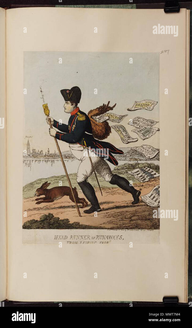 . Karikatur von Napoleon I. (Britische politische Karikatur) Kopf runner der Ausreißer, von Leipzic Messe. 2. März 1814. Bodleian Bibliotheken, Leiter runner der Ausreißer, von Leipzic fair Stockfoto
