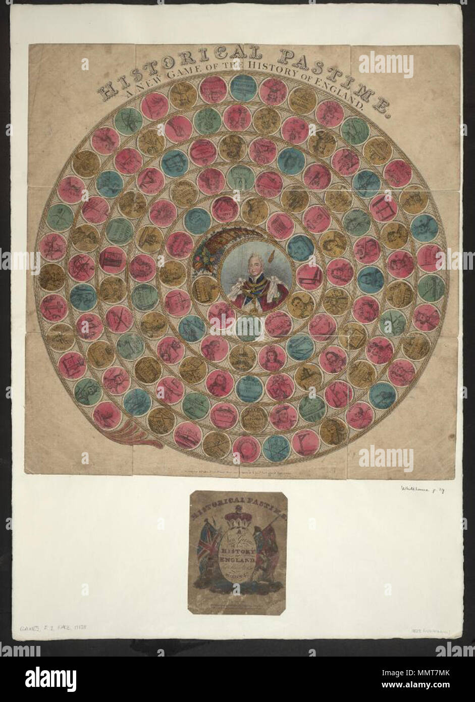 . Spiel mit dem Titel historische Zeitvertreib. Ein neues Spiel der Geschichte Englands von William 1. bis 4.; William hat 134 Kreise. Die ersten 20 als Beispiele; neue Spiel der Geschichte Englands von William 1. bis William 4.; Hastings (1); 1066 W (2); Doomsday Book (3); New Forest (4); Heiliger Lane (5); 1087 W II (6); Robert D. in der Normandie (7); der Tod von W II (8); 1100 Henry I (9); 1135 K.S.; (11) Krieg (12); Matilda (13); 1154 H II (14), Alexander (15); BBeckett [sic] (16); 1189 R I (17); Massaker an den Juden" (18); 1199 K J. (19); Prinz Arthur (20); Interdikt (21); Historische Zeitvertreib transkribiert. Ein neues Spiel. Stockfoto