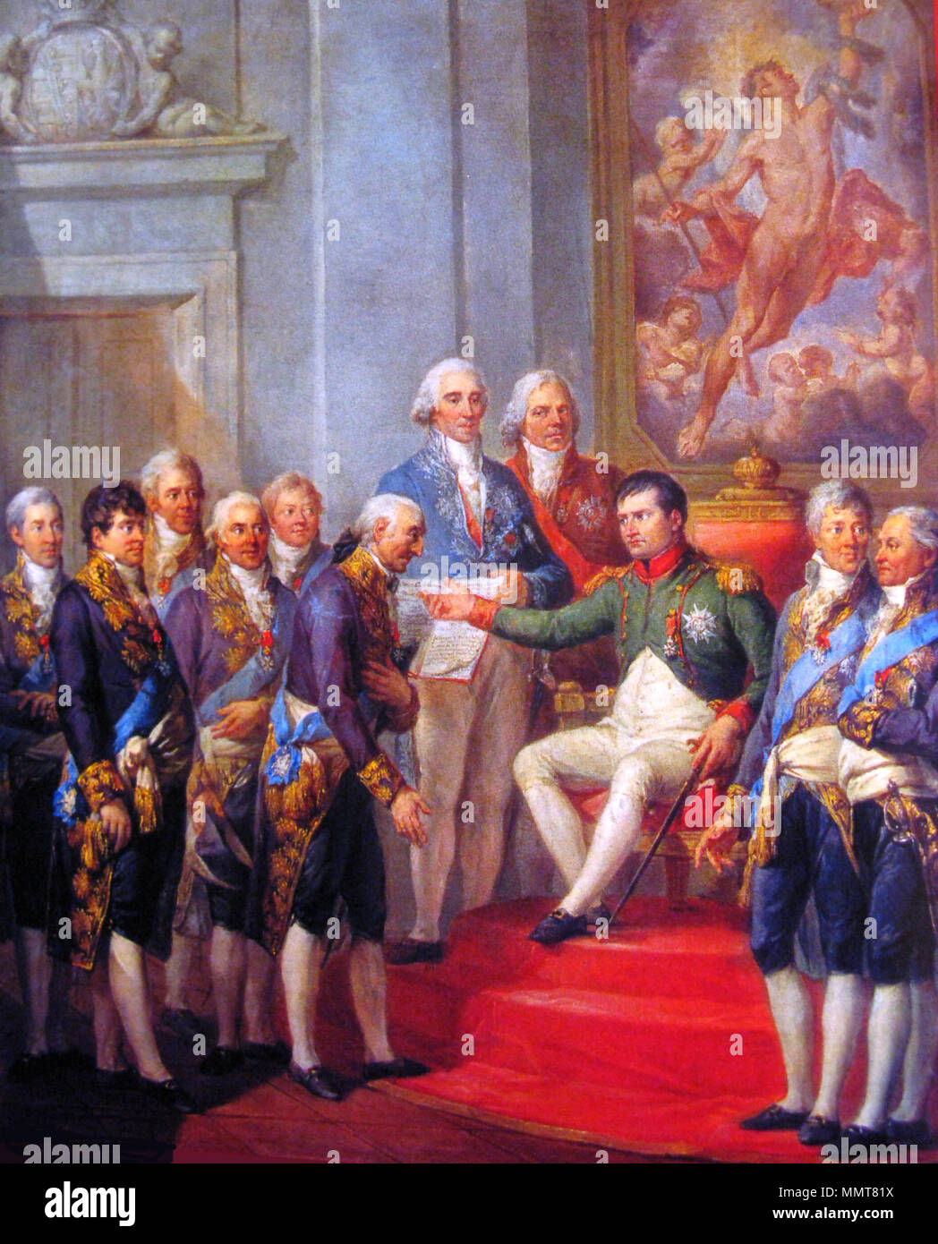 . Porträt von Napoleon, Talleyrand, Hugues-Bernard Maret duc de Bassano, Stanisław Małachowski, Ludwik Szymon Gutakowski, Stanisław Kostka Potocki, Józef Wybicki, Działyński, Paweł Ksawery Bieliński, Władysław Sobolewski, Juliusz Łuszczewski. Bacciarelli Gewährung der Verfassung Stockfoto