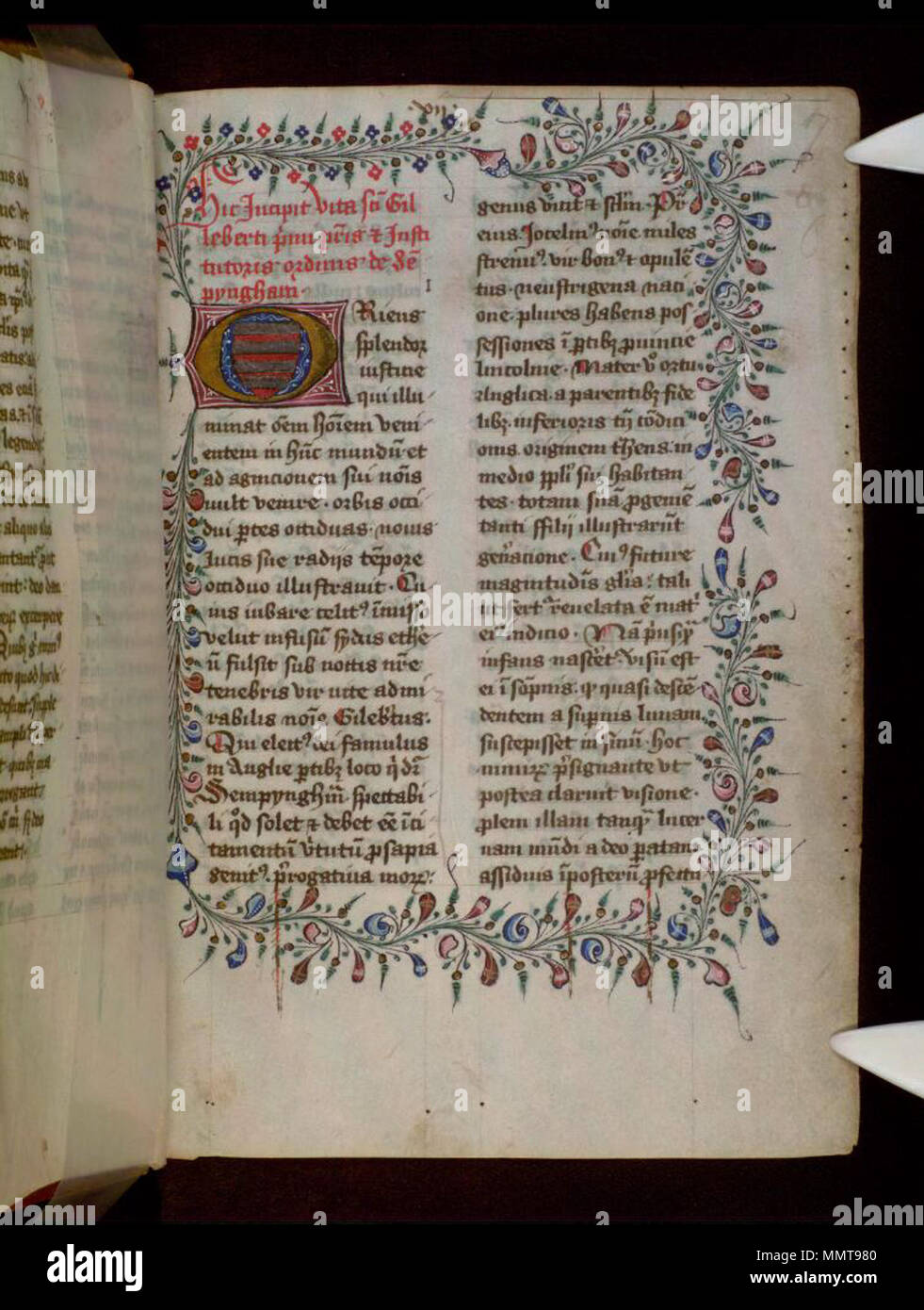 . Lateinische Texte über das Leben, die Übersetzung, Wunder, etc., von St. Gilbert von Sempringham (d. 1189), von seinen Prozess der Heiligsprechung (1201-2) angepasst, in der Mitte des 15. Jahrhundert Englisch Kopie für hingebungsvollen Einsatz mit beleuchteten Initialen und Grenzen; 7 r Lateinische Texte auf St Gilbert von Sempringham. 1450. Bodleian Bibliotheken, Lateinische Texte auf St Gilbert von Sempringham7r Stockfoto