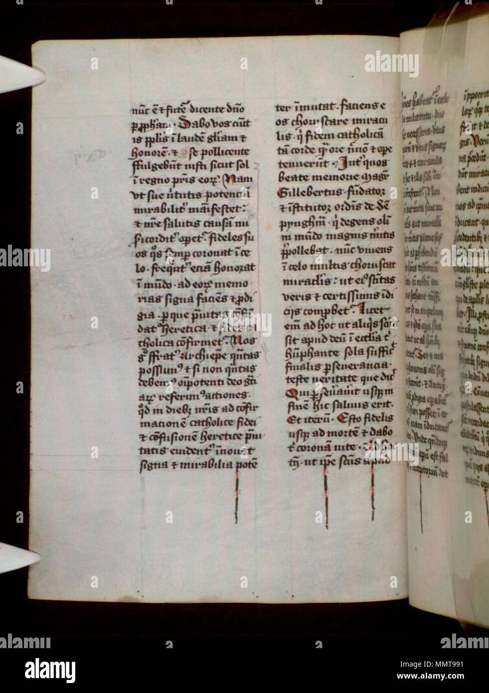 . Lateinische Texte über das Leben, die Übersetzung, Wunder, etc., von St. Gilbert von Sempringham (d. 1189), von seinen Prozess der Heiligsprechung (1201-2) angepasst, in der Mitte des 15. Jahrhundert Englisch Kopie für hingebungsvollen Einsatz mit beleuchteten Initialen und Grenzen.; 90 v Lateinische Texte auf St Gilbert von Sempringham. 1450. Bodleian Bibliotheken, Lateinische Texte auf St Gilbert von Sempringham 90 v Stockfoto