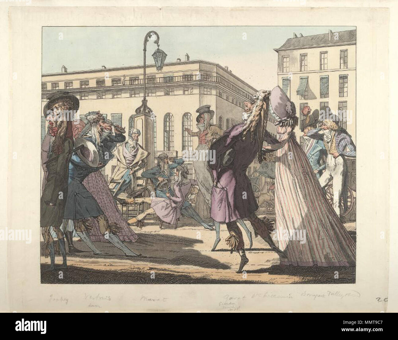 . Französische politische Karikatur; Französische Karikatur, die angeblich einen jungen Napoleon im Hintergrund einer Straße. [Le petit Koblenz, ou le Boulevard de Gand sous le Directoire]. 1795. Bodleian Bibliotheken, Le petit Koblenz, ou le Boulevard de Gand sous le Directoire Stockfoto