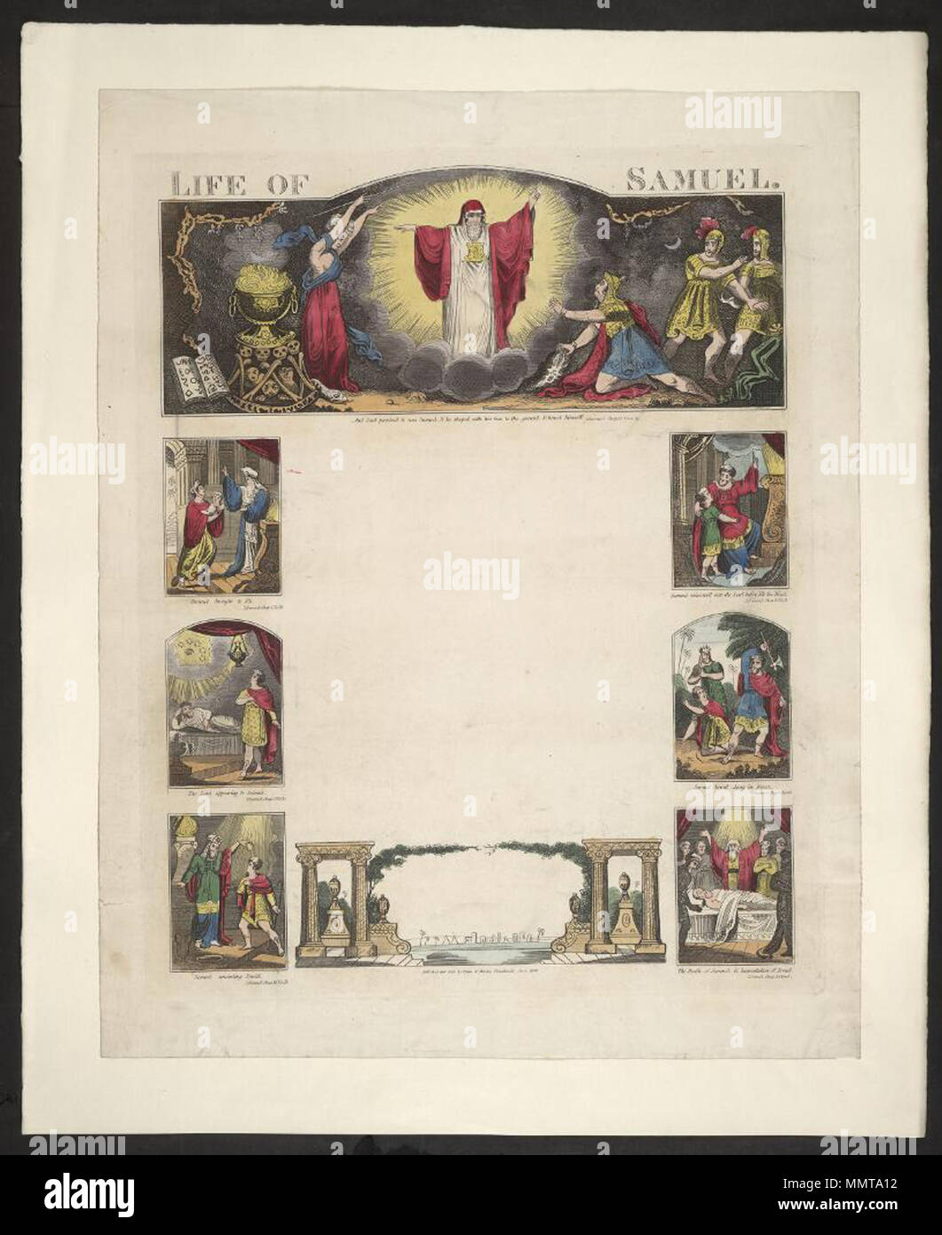 . Schreiben leeres Leben Samuels, biblischen Referenzen mit jeden Untertitel gegeben; und Da erkannte Saul es Samuel war, und neigte sich mit seinem Antlitz zur Erde und fiel nieder; Samuel zu Eli gebracht; Samuel Minister zu dem HERRN vor dem Priester Eli würde; Herrn zu Samuel, Samuel hieb Agag in Stücke; Samuel salbt David; Tod von Samuel & Wehklage von Israel; das Leben von Samuel Leben des Samuel. 1838. Bodleian Bibliotheken, Leben von Samuel Stockfoto