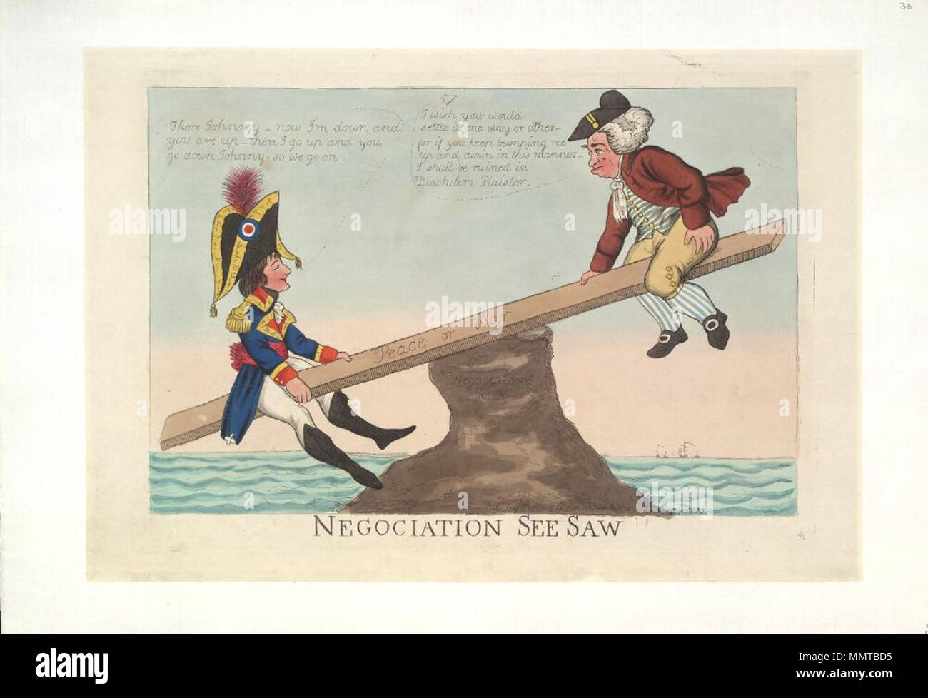 . Satire auf die Angst vor einer französischen Invasion, 1794-1805. (Britische politische Karikatur); bezieht sich auf die unsicheren Frieden während 1802-3.; in roter Tinte nummeriert: 57. Datum in MS Verhandlung gegeben. [1803-07-05]. Bodleian Bibliotheken, Verhandlung Wippe Stockfoto